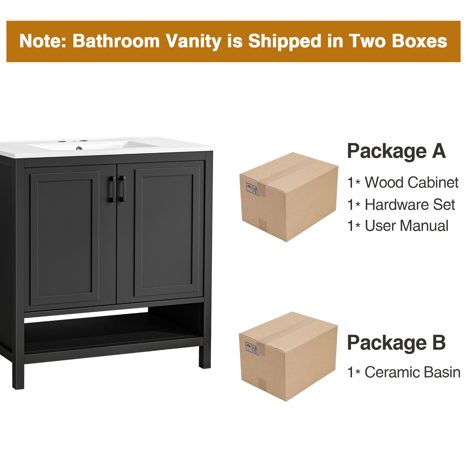 Anmytek 36 Inch Freestanding Bathroom Vanity with Ceramic Sink Combo, Modern Bathroom Storage Cabinet with 2 Doors & Open Bottom Shelf, Soft Close Hinges Bath Vanity Set, Black
