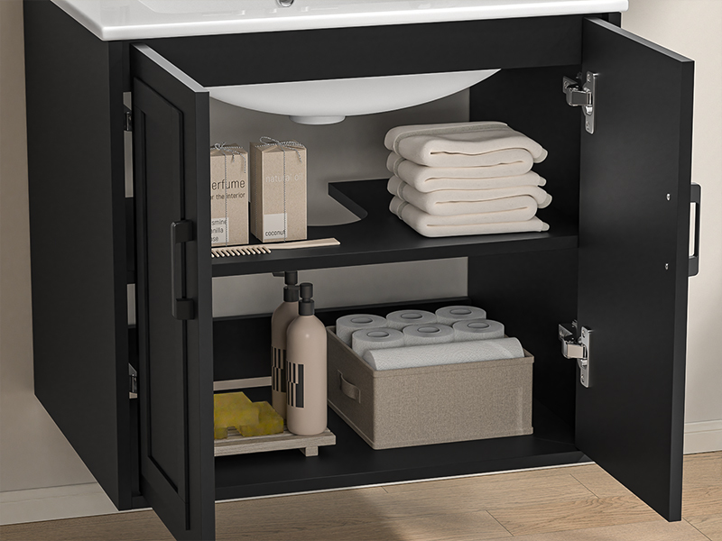 Anmytek 24 Inch Wall Mounted Bathroom Vanity with Ceramic Sink Combo, Modern Floating Bathroom Storage Cabinet with 2 Doors & Soft Close Hinges, Space Saving Small Bath Vanity Set, Black