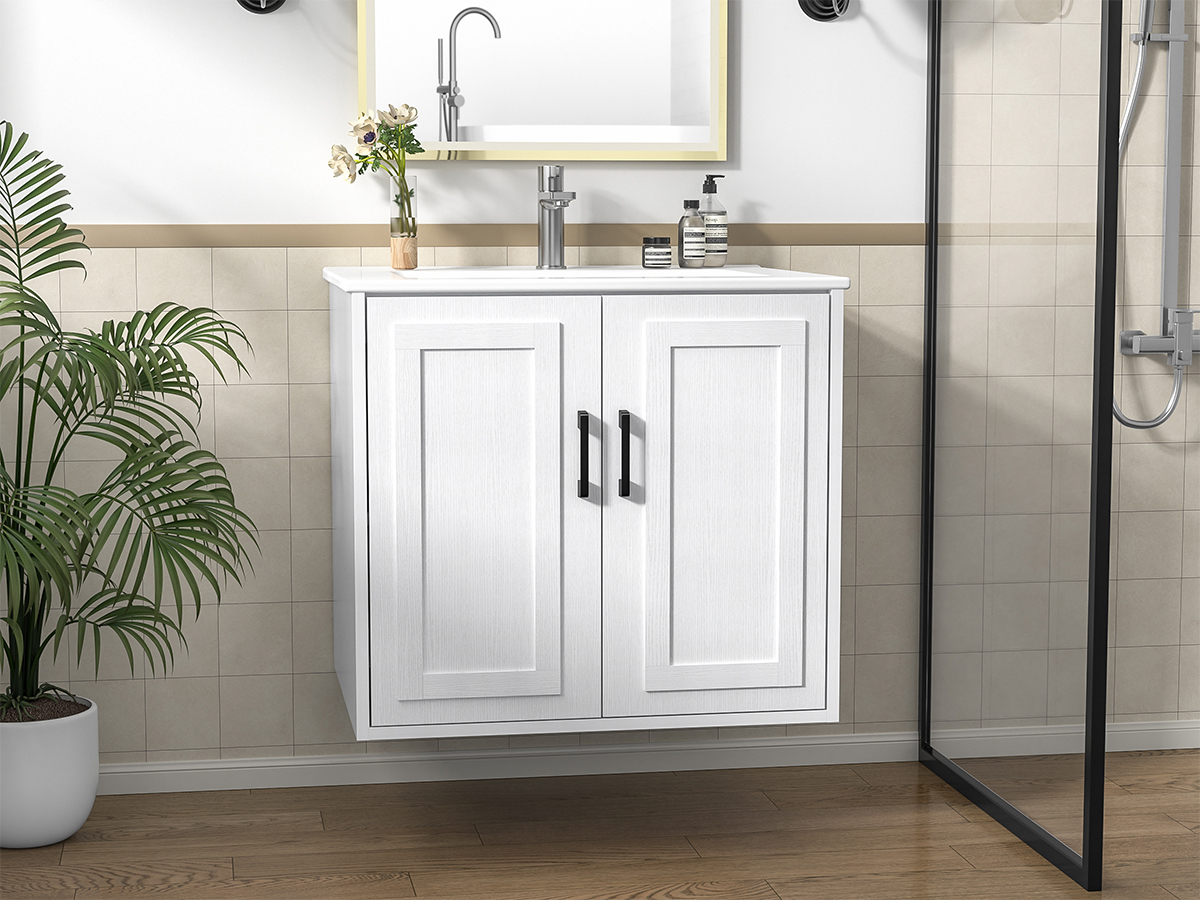 Anmytek 24 Inch Wall Mounted Bathroom Vanity with Ceramic Sink Combo, Modern Floating Bathroom Storage Cabinet with 2 Doors & Soft Close Hinges, Space Saving Small Bath Vanity Set, White