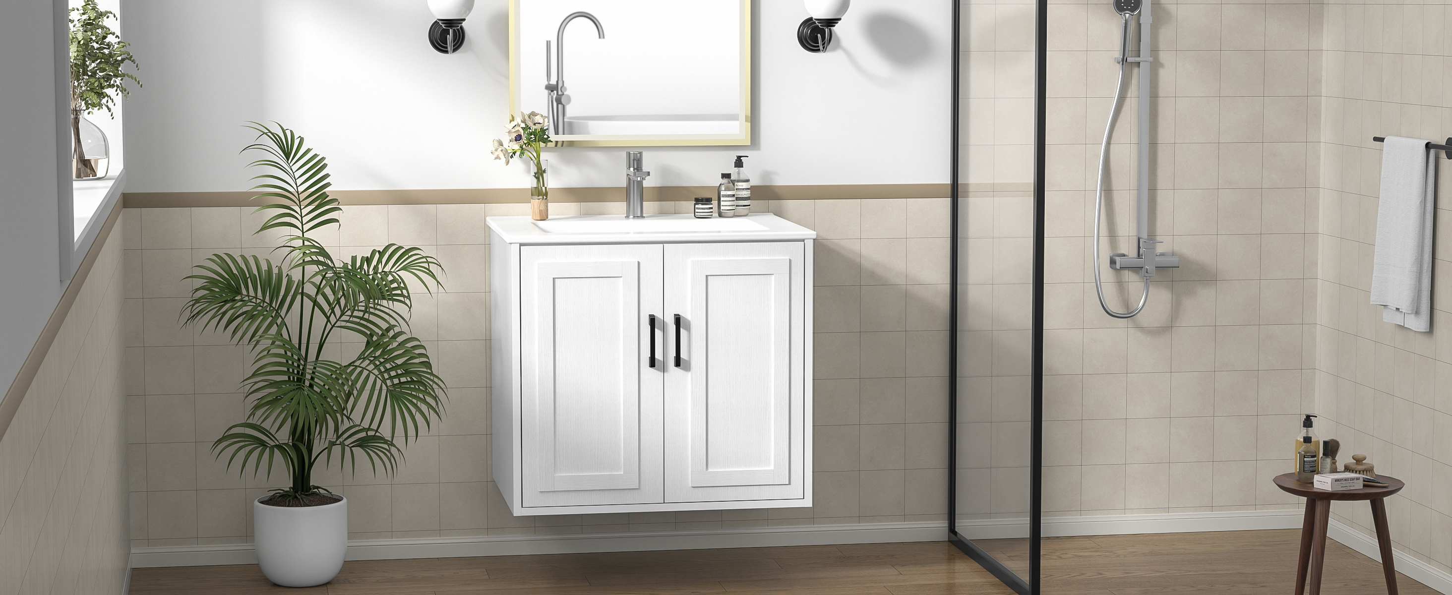 Anmytek 24 Inch Wall Mounted Bathroom Vanity with Ceramic Sink Combo, Modern Floating Bathroom Storage Cabinet with 2 Doors & Soft Close Hinges, Space Saving Small Bath Vanity Set, White