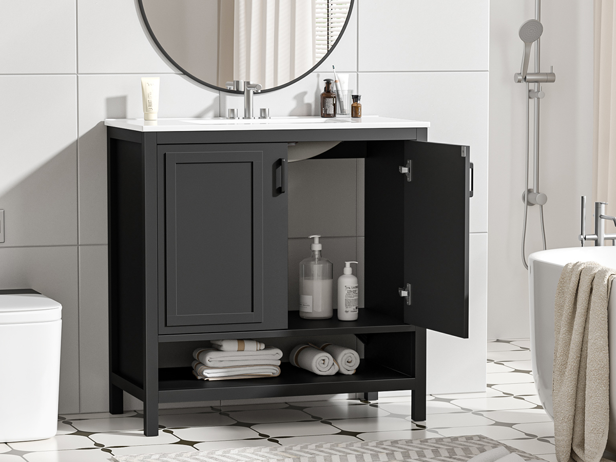 Anmytek 36 Inch Freestanding Bathroom Vanity with Ceramic Sink Combo, Modern Bathroom Storage Cabinet with 2 Doors & Open Bottom Shelf, Soft Close Hinges Bath Vanity Set, Black
