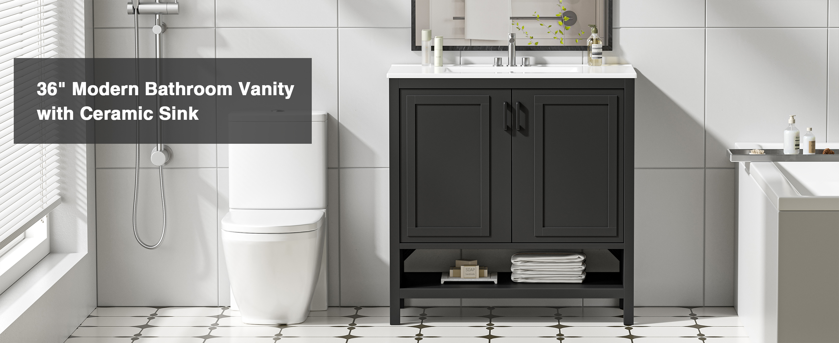 Anmytek 36 Inch Freestanding Bathroom Vanity with Ceramic Sink Combo, Modern Bathroom Storage Cabinet with 2 Doors & Open Bottom Shelf, Soft Close Hinges Bath Vanity Set, Black