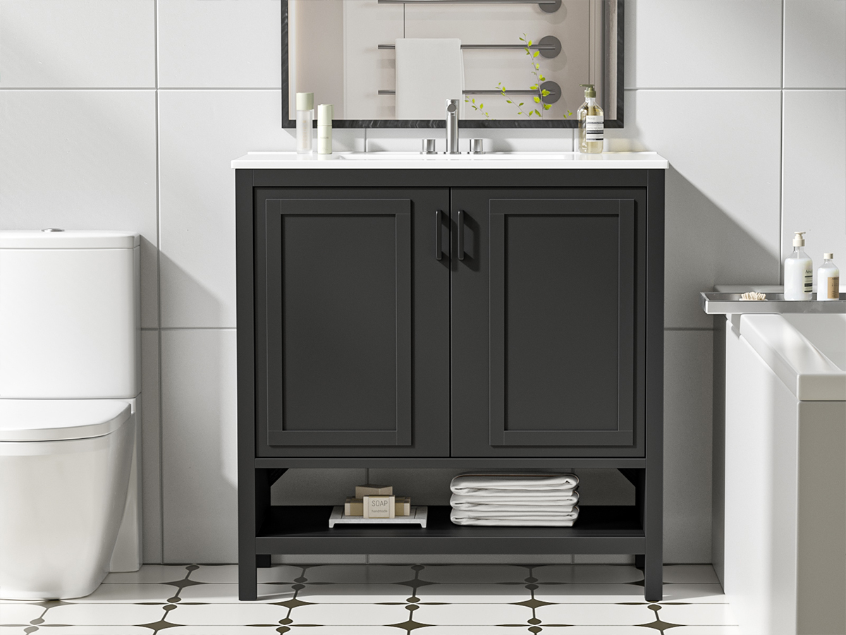 Anmytek 36 Inch Freestanding Bathroom Vanity with Ceramic Sink Combo, Modern Bathroom Storage Cabinet with 2 Doors & Open Bottom Shelf, Soft Close Hinges Bath Vanity Set, Black
