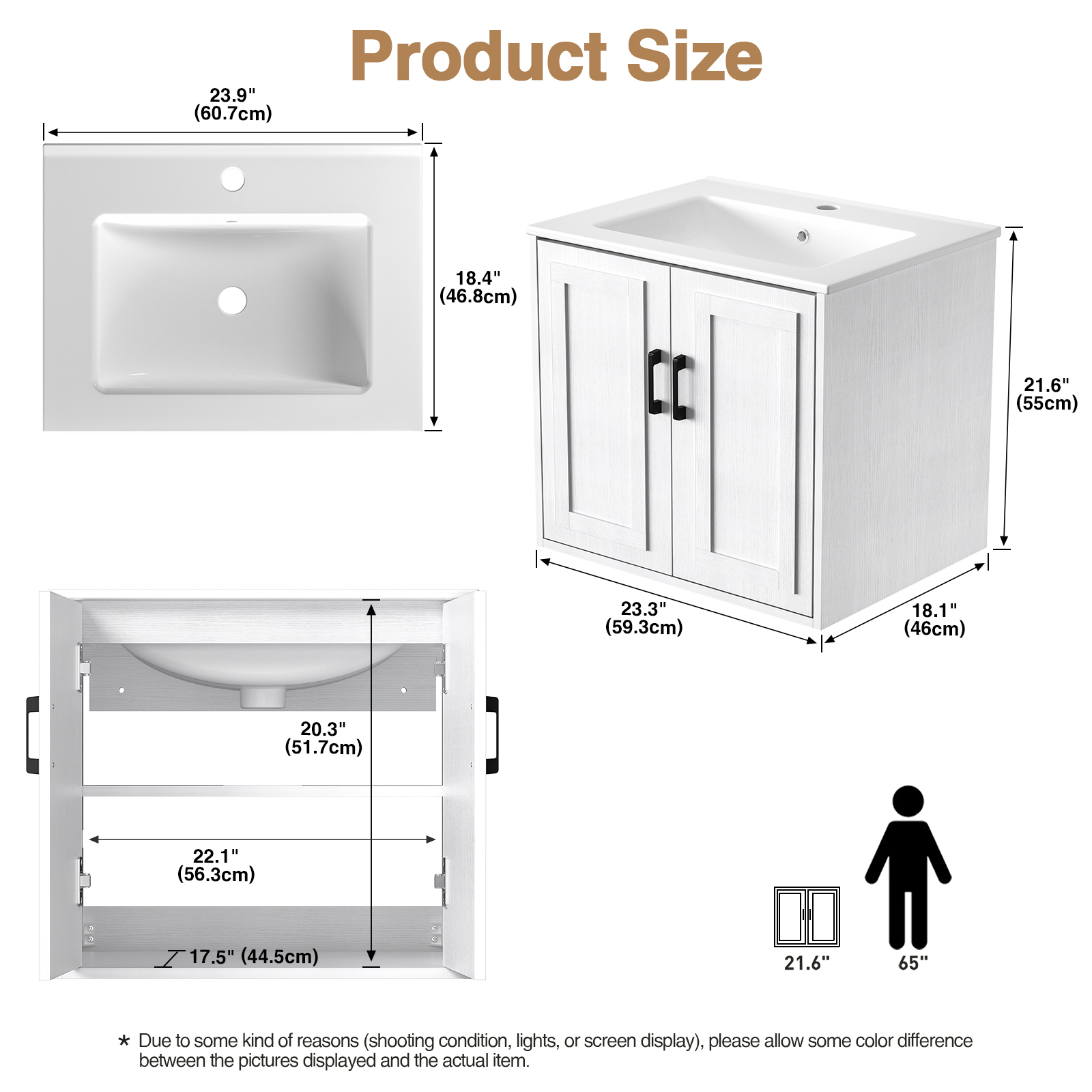 Anmytek 24 Inch Wall Mounted Bathroom Vanity with Ceramic Sink Combo, Modern Floating Bathroom Storage Cabinet with 2 Doors & Soft Close Hinges, Space Saving Small Bath Vanity Set, White