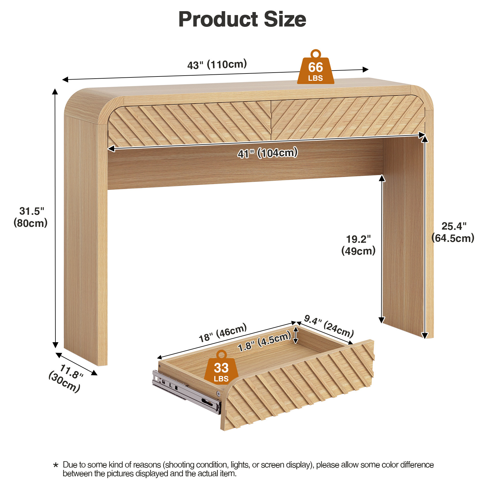 Anmytek 43 Inch Console Table with 2 Drawers, Modern Chevron Curved Entryway Table, Slim Sofa Side Table with Rounded Edges, Narrow Wooden Hallway Table Vanity Desk for Living Room, Natural Oak