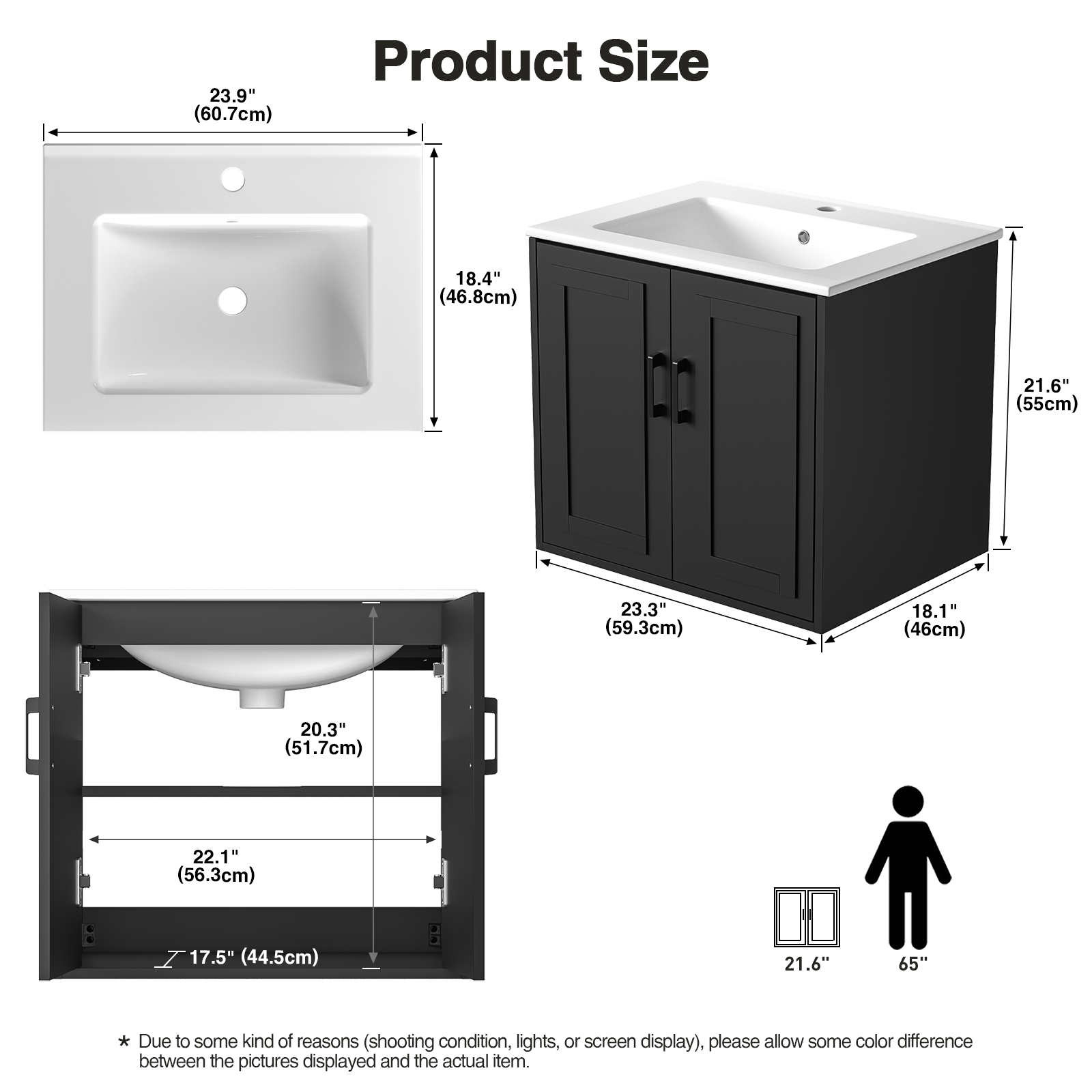 Anmytek 24 Inch Wall Mounted Bathroom Vanity with Ceramic Sink Combo, Modern Floating Bathroom Storage Cabinet with 2 Doors & Soft Close Hinges, Space Saving Small Bath Vanity Set, Black