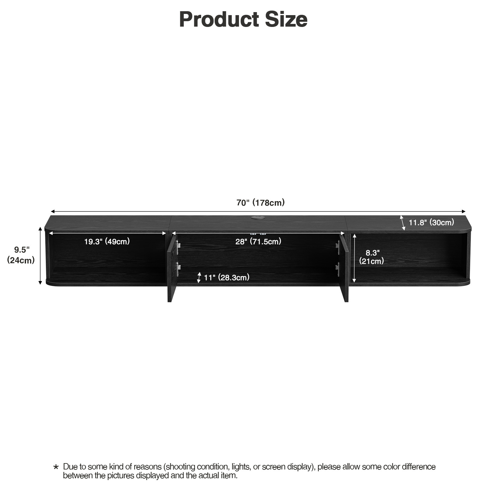 Anmytek 70 Inch Floating TV Stand, Wall Mounted Entertainment Center with Fluted Doors & Open Storage, Floating TV Console Media Cabinet with Cable Hole for Living Room Bedroom, Black