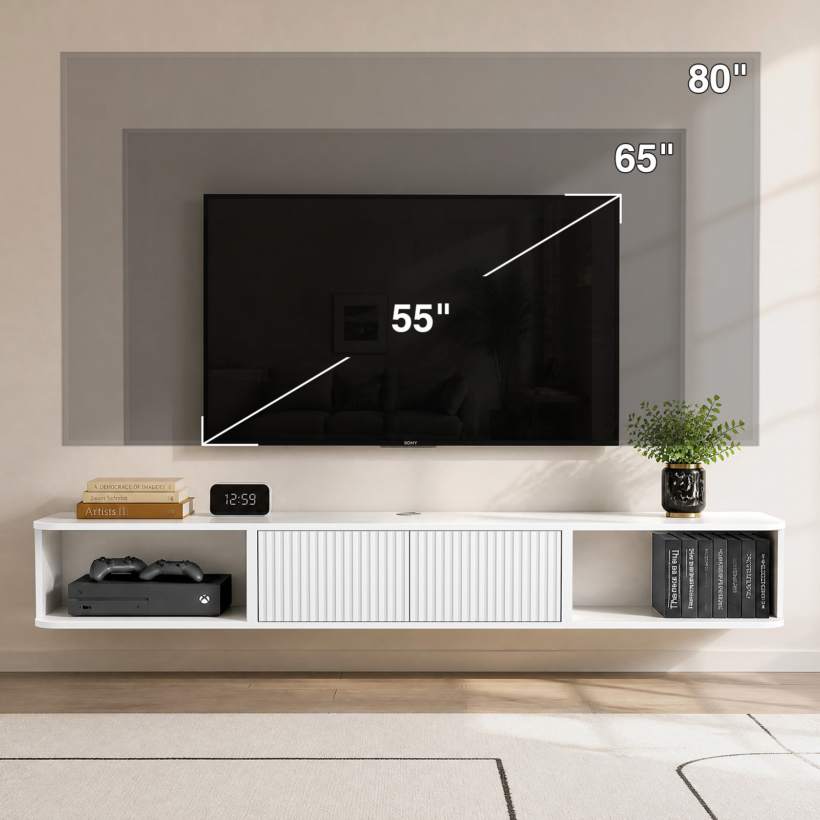 Anmytek 70 Inch White Floating TV Stand, Wall Mounted Entertainment Center with Fluted Doors & Open Storage, Floating TV Console Media Cabinet with Cable Management for Living Room Bedroom, White