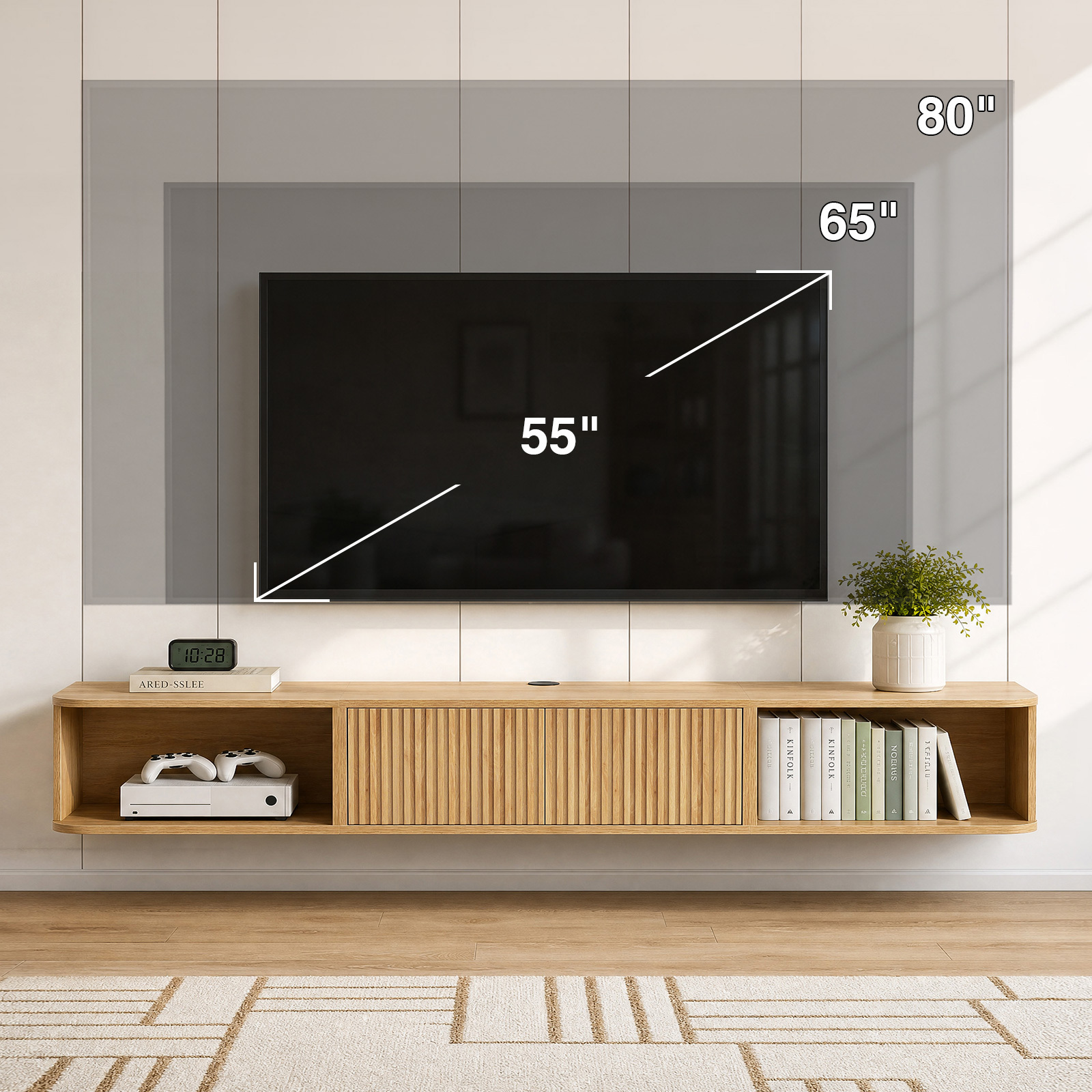 Anmytek 70 Inch Floating TV Stand, Wall Mounted Entertainment Center with Fluted Doors & Open Storage, Modern Floating TV Console Media Cabinet with Cable Management for Living Room Bedroom, Natural Oak