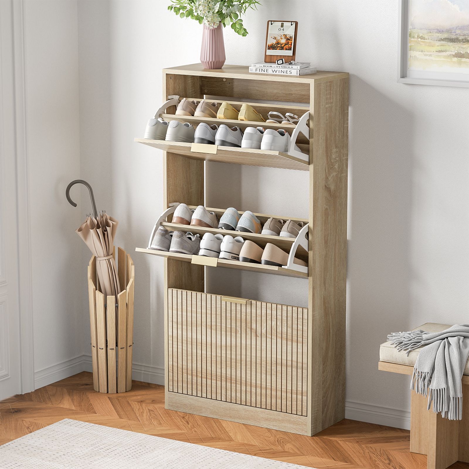 Anmytek Modern Fluted Shoe Storage Cabinet, 48 Inch Tall Slim Flip Drawer Shoe Cabinet, 9.3" Deep Narrow Shoe Organizer with 3 Fold-Out Drawers & Gold Handles for Entryway Hallway, Natural Oak