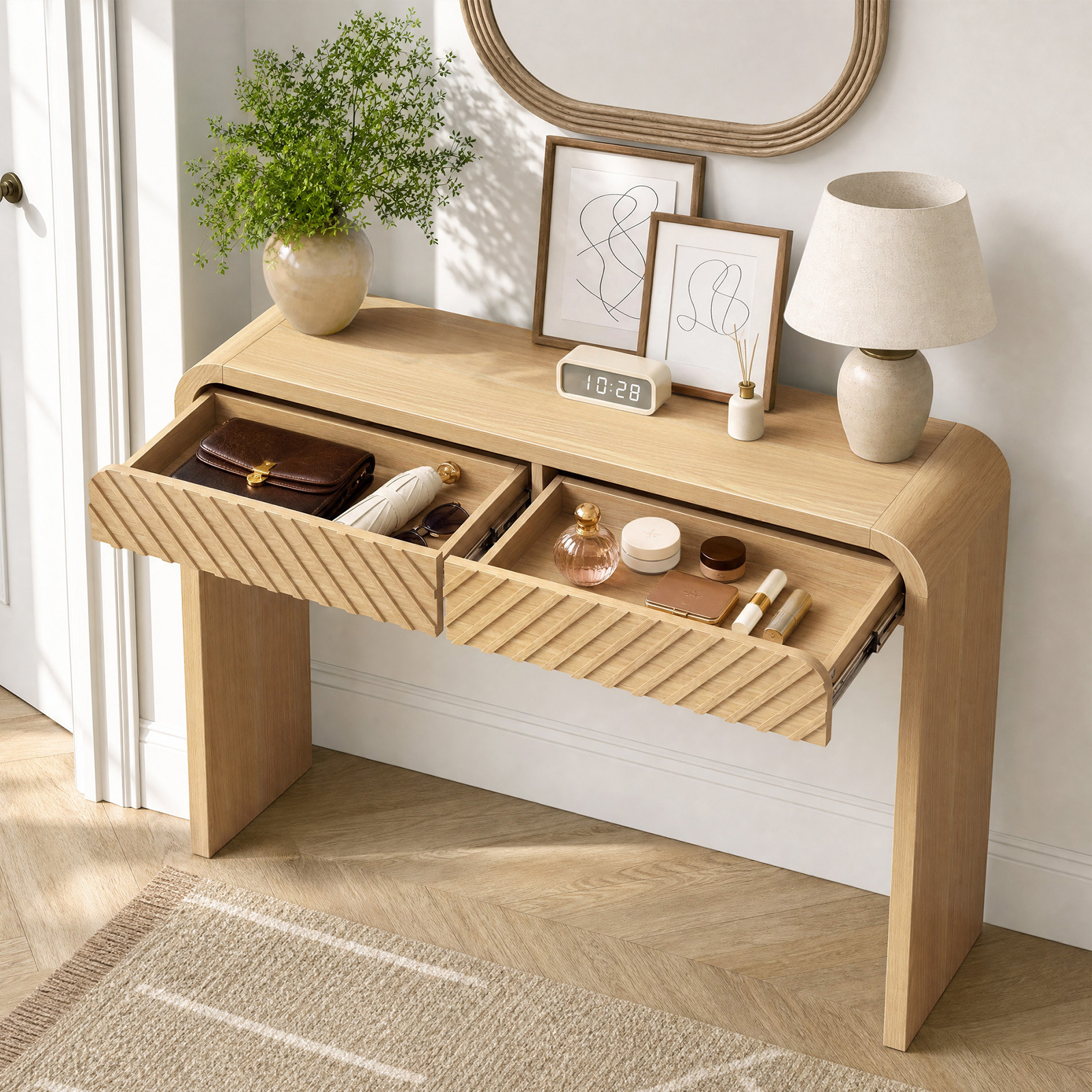 Anmytek 43 Inch Console Table with 2 Drawers, Modern Chevron Curved Entryway Table, Slim Sofa Side Table with Rounded Edges, Narrow Wooden Hallway Table Vanity Desk for Living Room, Natural Oak