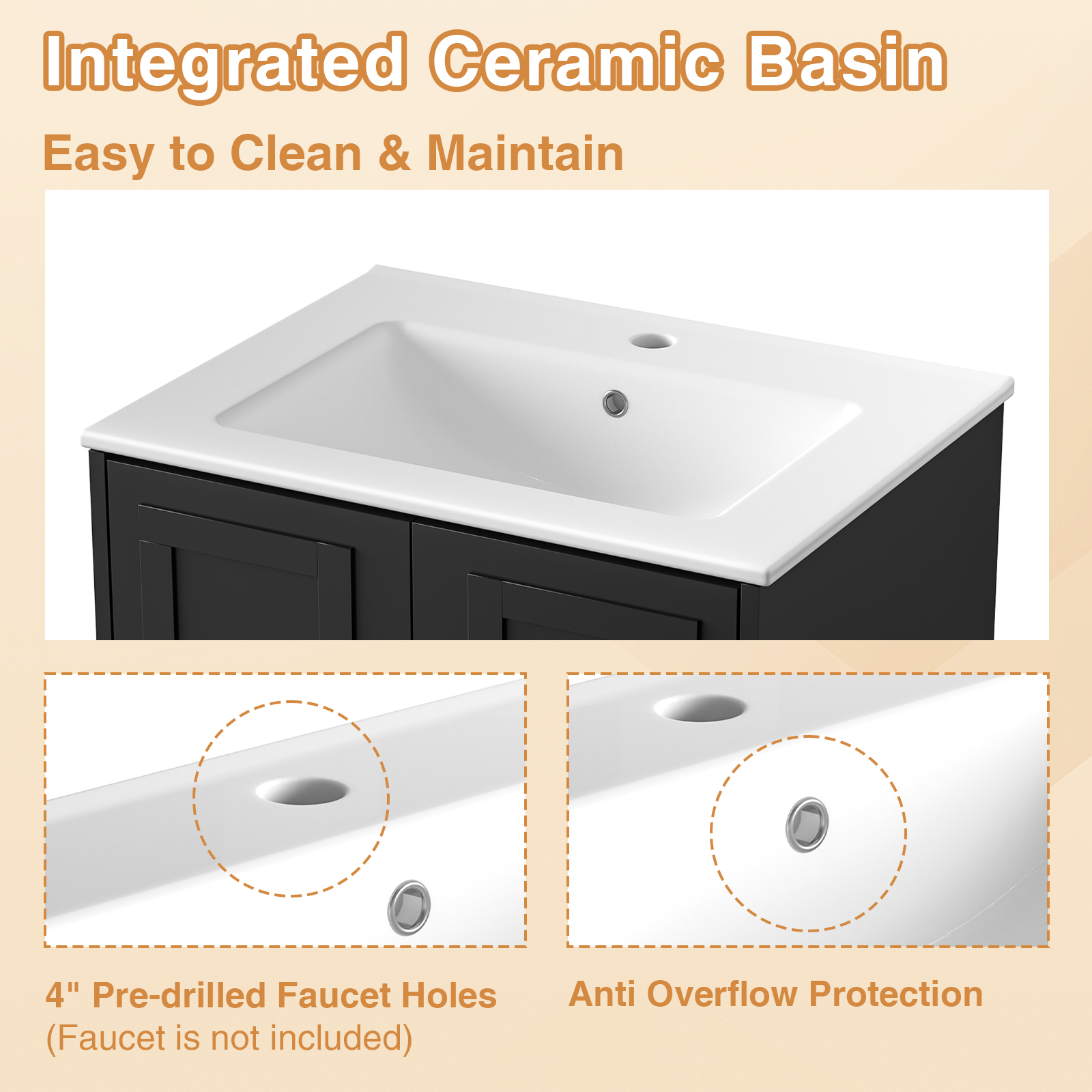Anmytek 24 Inch Wall Mounted Bathroom Vanity with Ceramic Sink Combo, Modern Floating Bathroom Storage Cabinet with 2 Doors & Soft Close Hinges, Space Saving Small Bath Vanity Set, Black