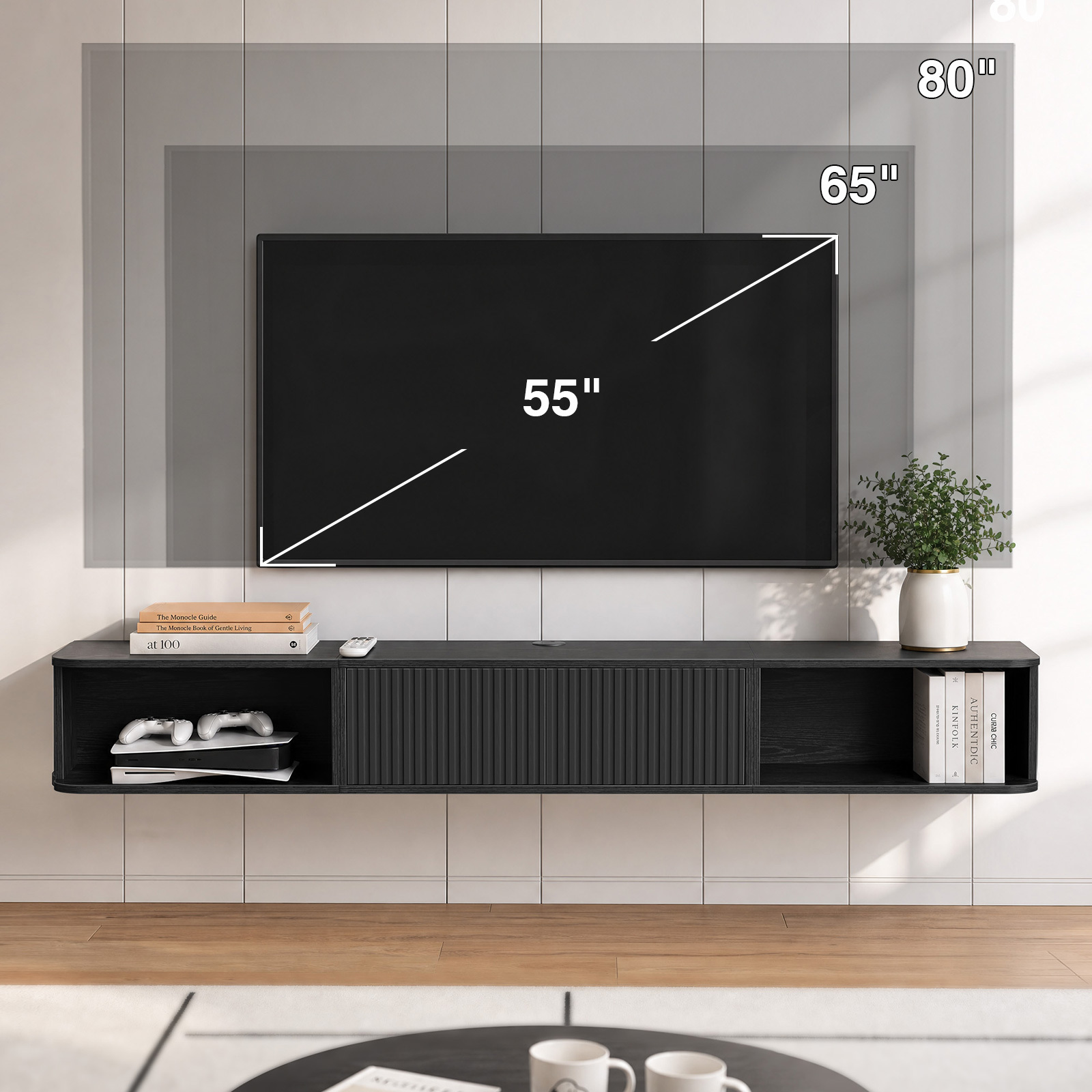 Anmytek 70 Inch Floating TV Stand, Wall Mounted Entertainment Center with Fluted Doors & Open Storage, Floating TV Console Media Cabinet with Cable Hole for Living Room Bedroom, Black
