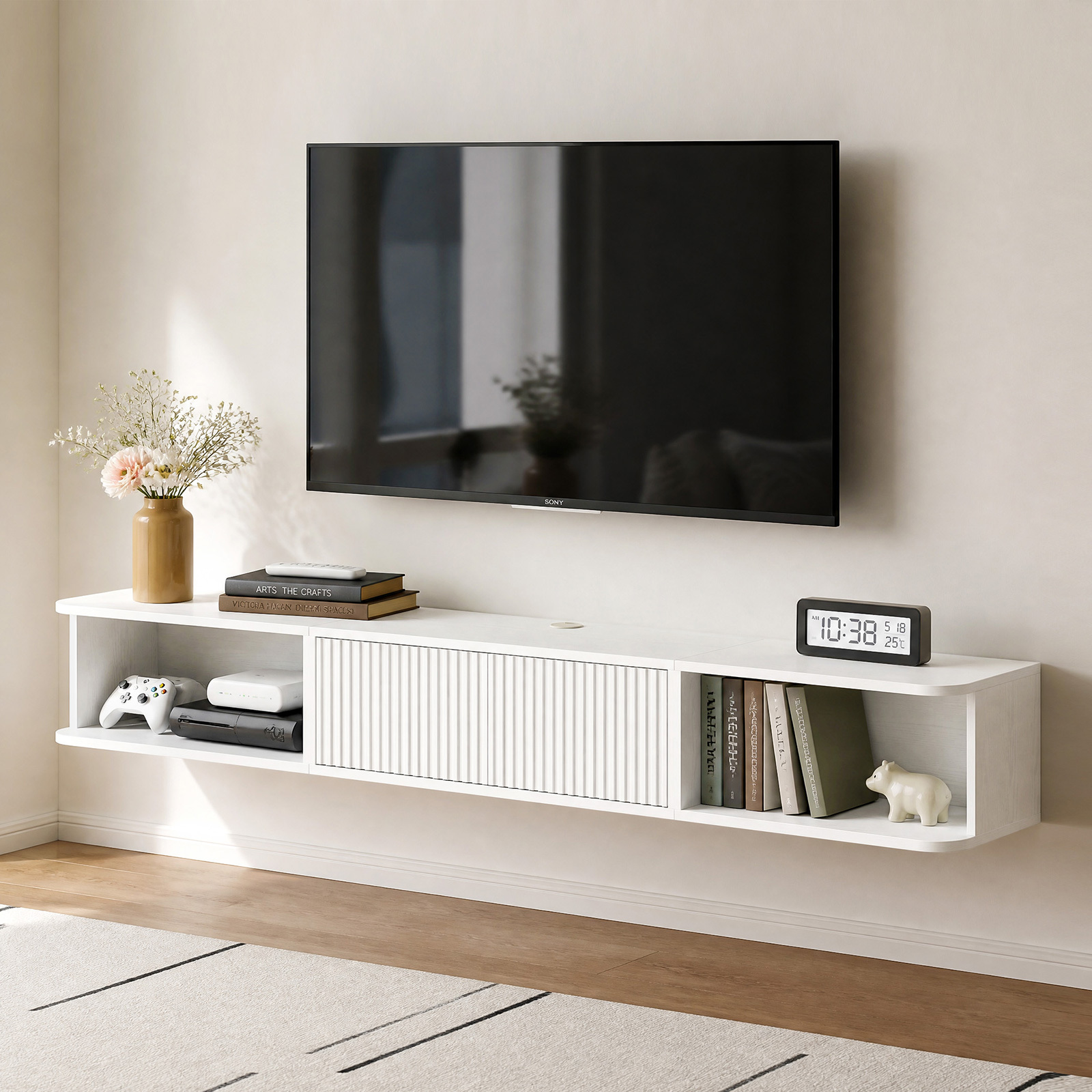 Anmytek 70 Inch White Floating TV Stand, Wall Mounted Entertainment Center with Fluted Doors & Open Storage, Floating TV Console Media Cabinet with Cable Management for Living Room Bedroom, White