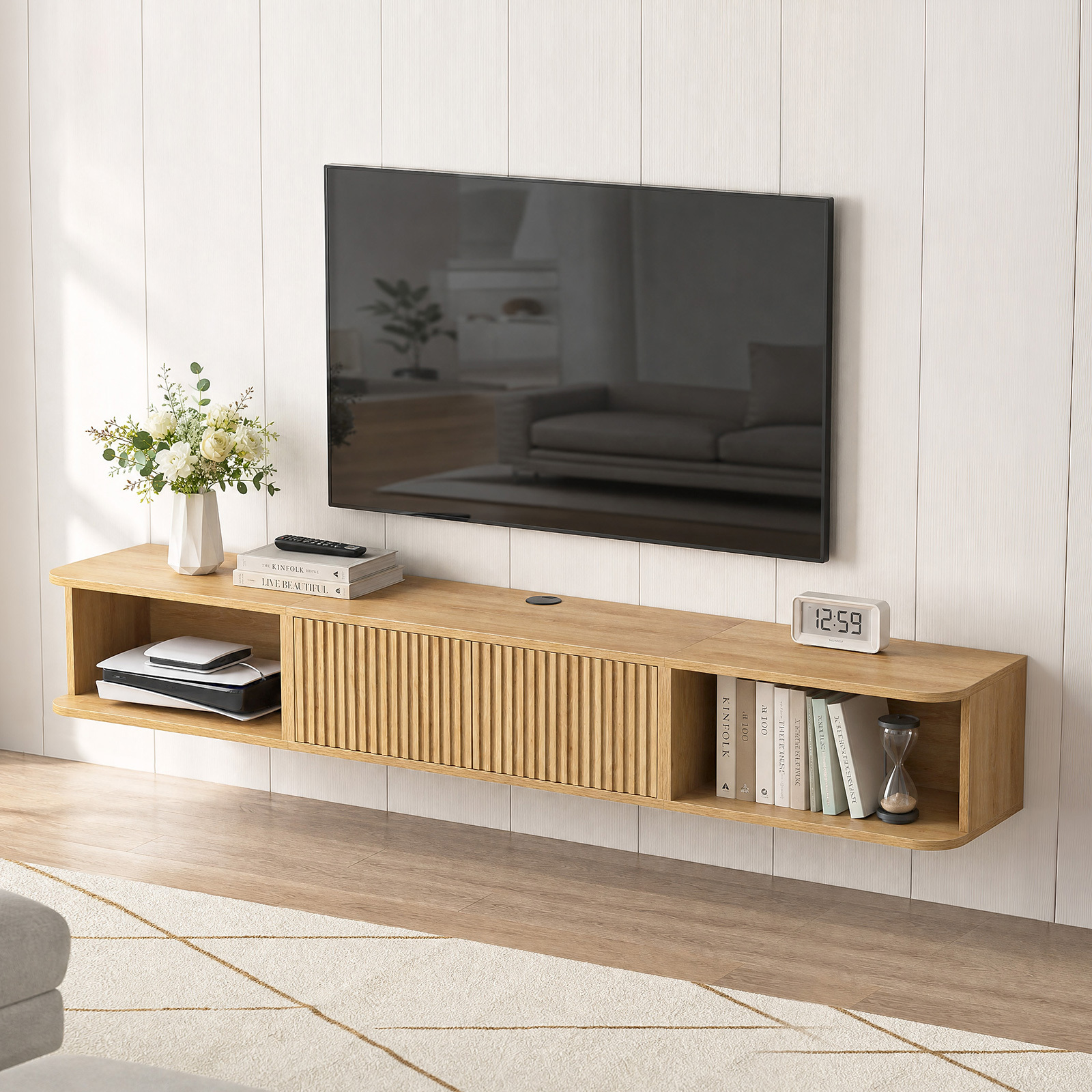 Anmytek 70 Inch Floating TV Stand, Wall Mounted Entertainment Center with Fluted Doors & Open Storage, Modern Floating TV Console Media Cabinet with Cable Management for Living Room Bedroom, Natural Oak