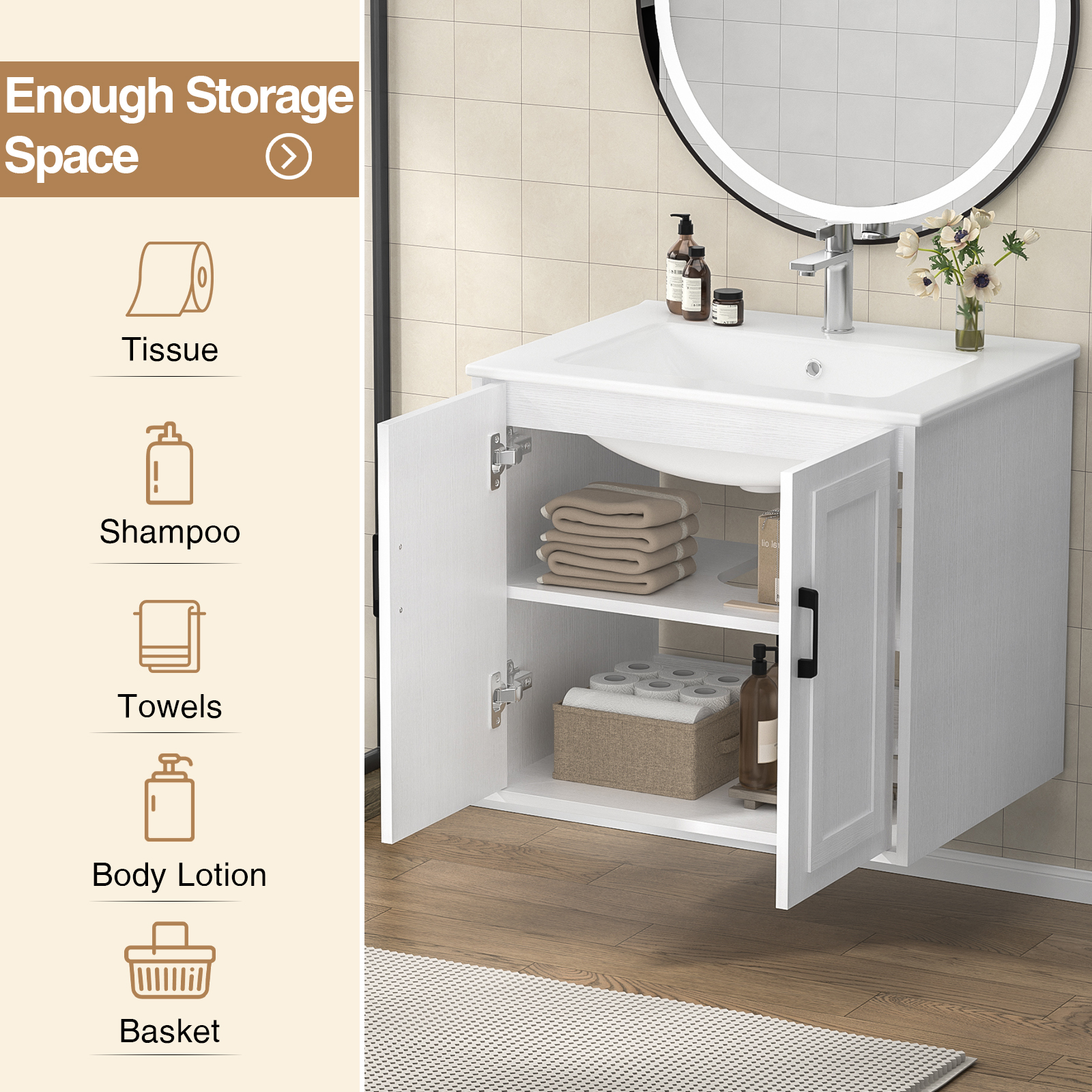 Anmytek 24 Inch Wall Mounted Bathroom Vanity with Ceramic Sink Combo, Modern Floating Bathroom Storage Cabinet with 2 Doors & Soft Close Hinges, Space Saving Small Bath Vanity Set, White