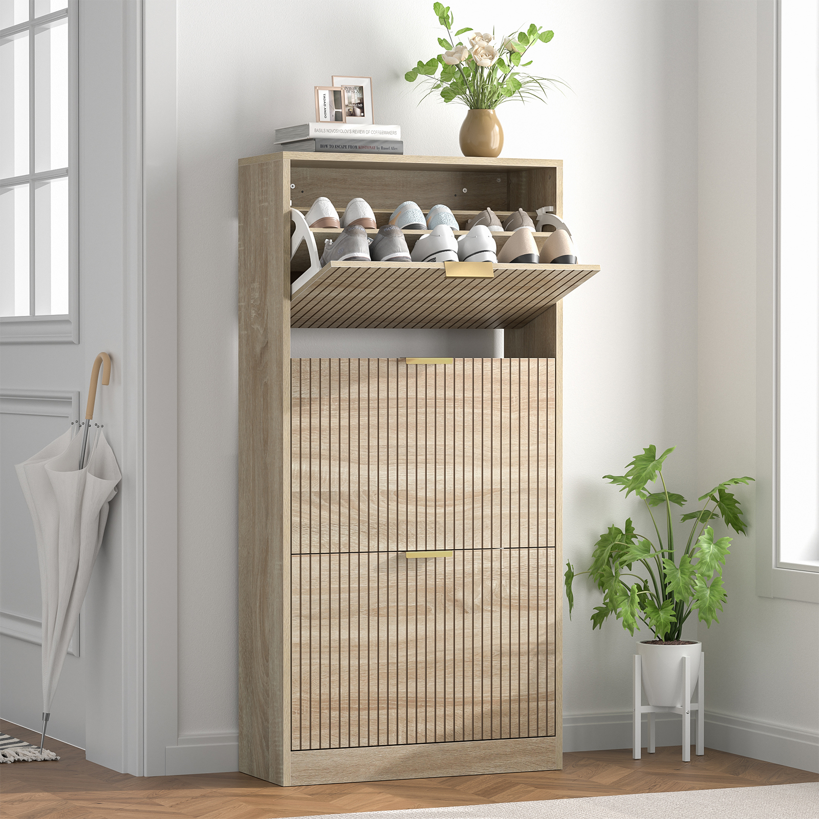 Anmytek Modern Fluted Shoe Storage Cabinet, 48 Inch Tall Slim Flip Drawer Shoe Cabinet, 9.3" Deep Narrow Shoe Organizer with 3 Fold-Out Drawers & Gold Handles for Entryway Hallway, Natural Oak