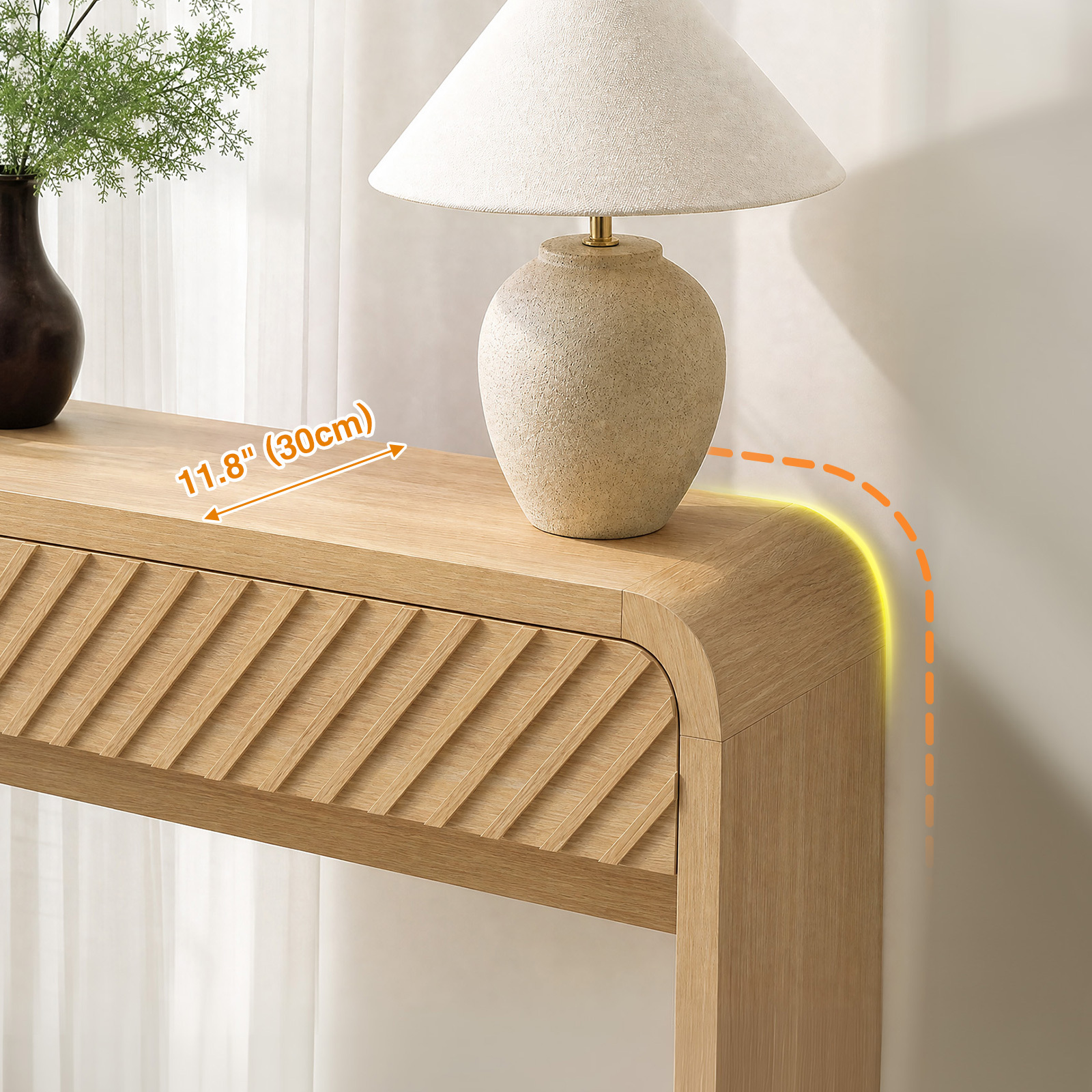 Anmytek 43 Inch Console Table with 2 Drawers, Modern Chevron Curved Entryway Table, Slim Sofa Side Table with Rounded Edges, Narrow Wooden Hallway Table Vanity Desk for Living Room, Natural Oak