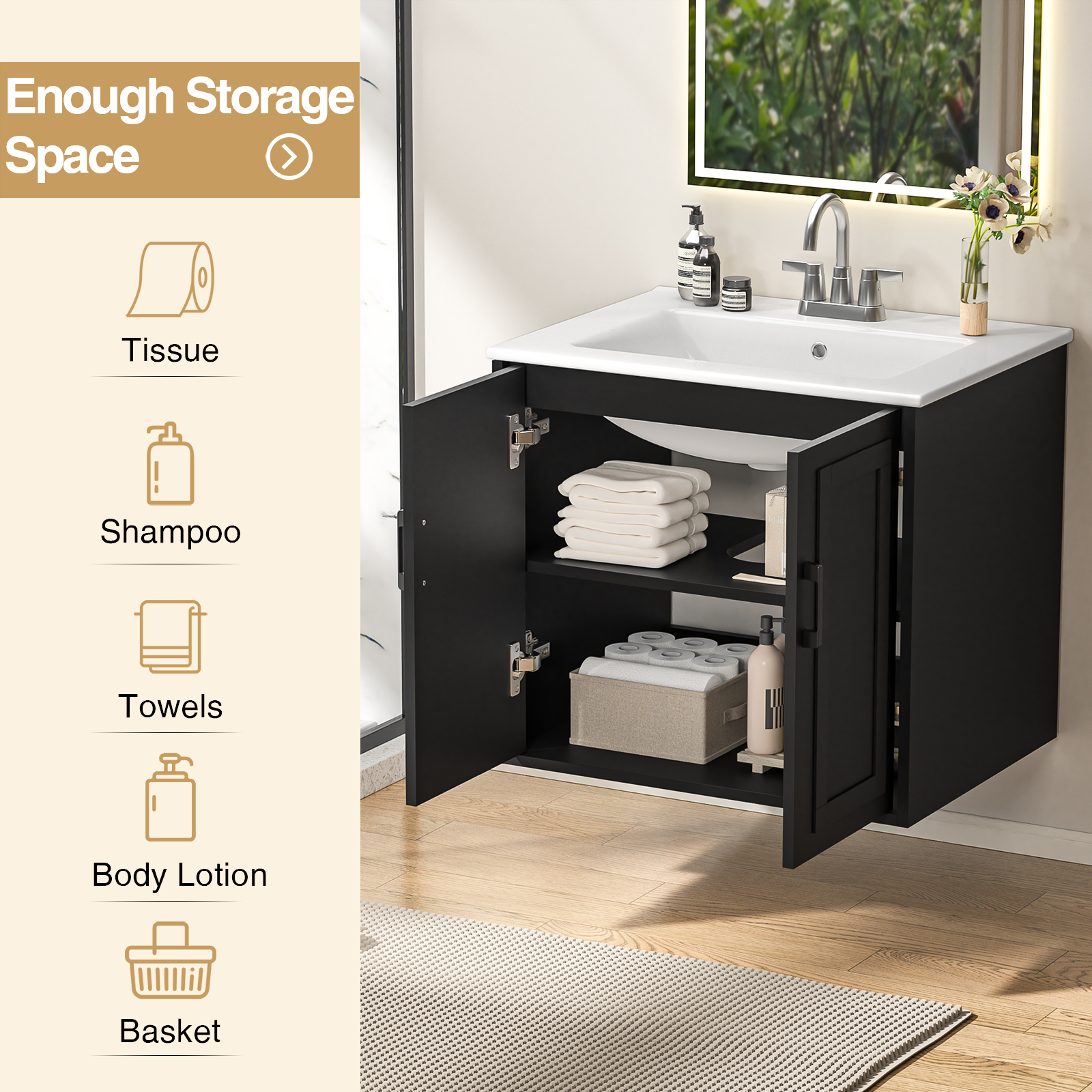 Anmytek 24 Inch Wall Mounted Bathroom Vanity with Ceramic Sink Combo, Modern Floating Bathroom Storage Cabinet with 2 Doors & Soft Close Hinges, Space Saving Small Bath Vanity Set, Black