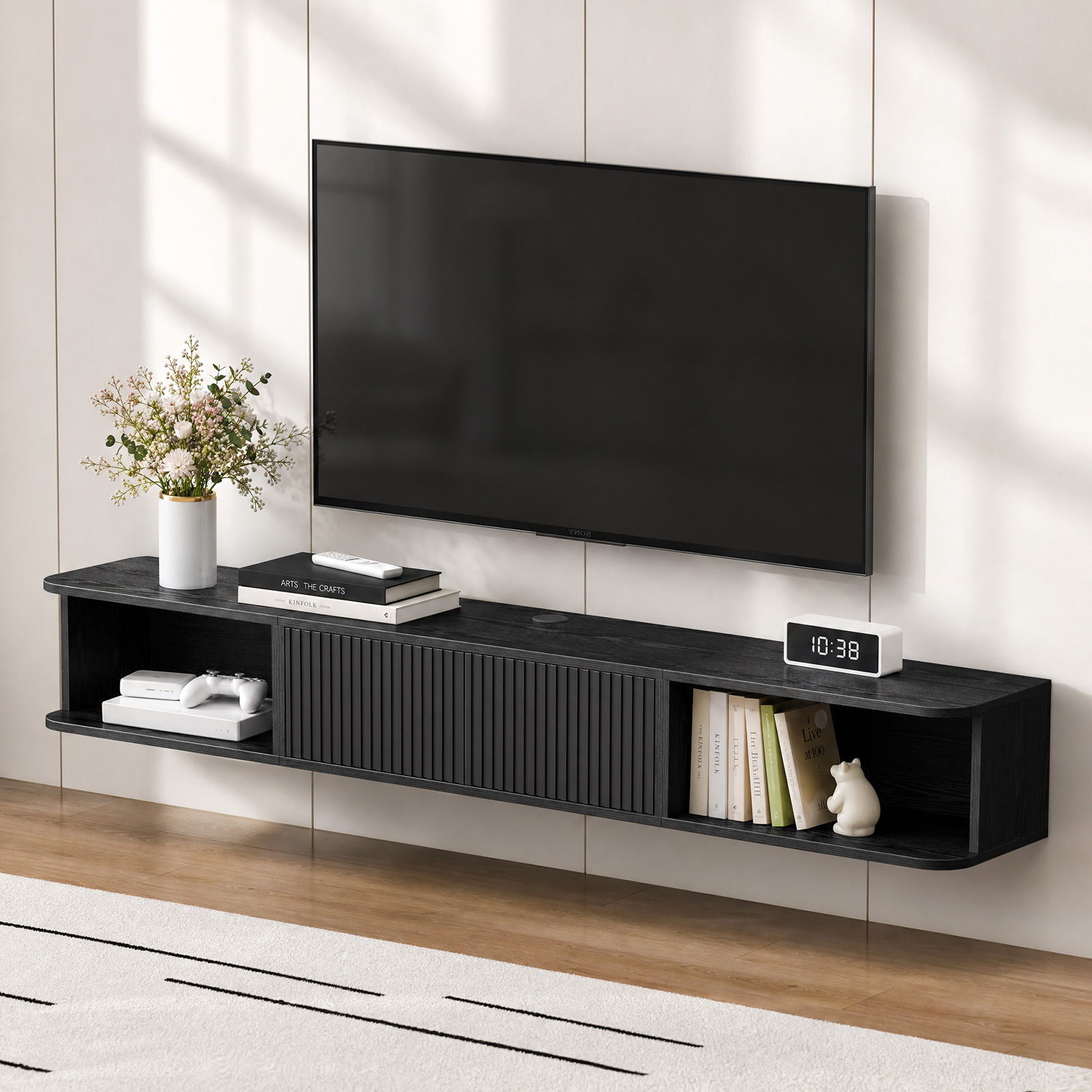 Anmytek 70 Inch Floating TV Stand, Wall Mounted Entertainment Center with Fluted Doors & Open Storage, Floating TV Console Media Cabinet with Cable Hole for Living Room Bedroom, Black
