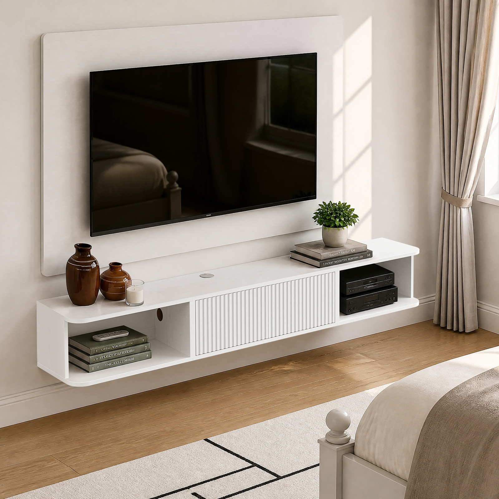 Anmytek 70 Inch White Floating TV Stand, Wall Mounted Entertainment Center with Fluted Doors & Open Storage, Floating TV Console Media Cabinet with Cable Management for Living Room Bedroom, White