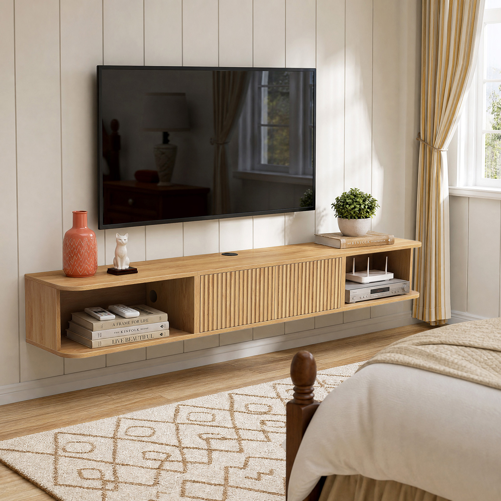 Anmytek 70 Inch Floating TV Stand, Wall Mounted Entertainment Center with Fluted Doors & Open Storage, Modern Floating TV Console Media Cabinet with Cable Management for Living Room Bedroom, Natural Oak