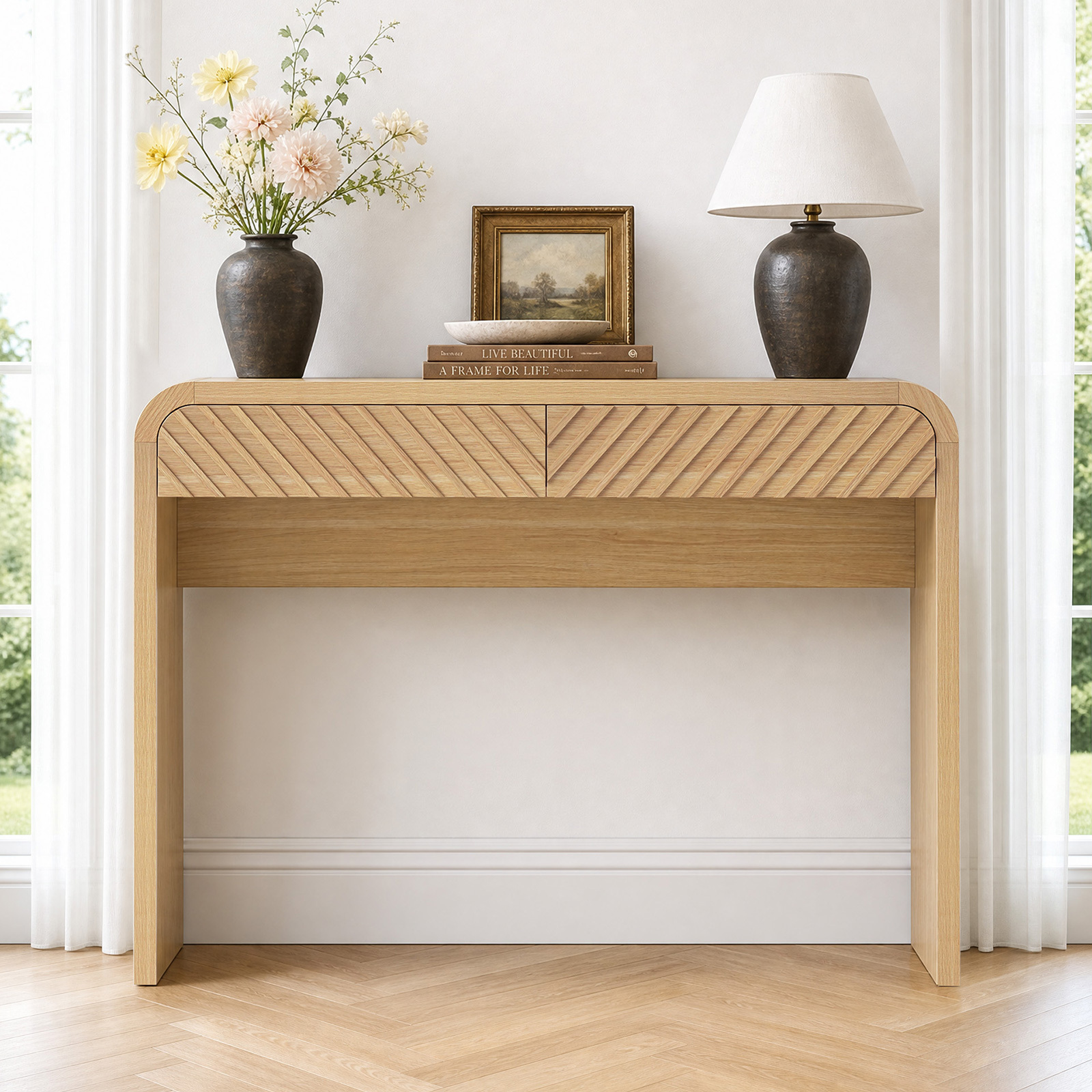 Anmytek 43 Inch Console Table with 2 Drawers, Modern Chevron Curved Entryway Table, Slim Sofa Side Table with Rounded Edges, Narrow Wooden Hallway Table Vanity Desk for Living Room, Natural Oak
