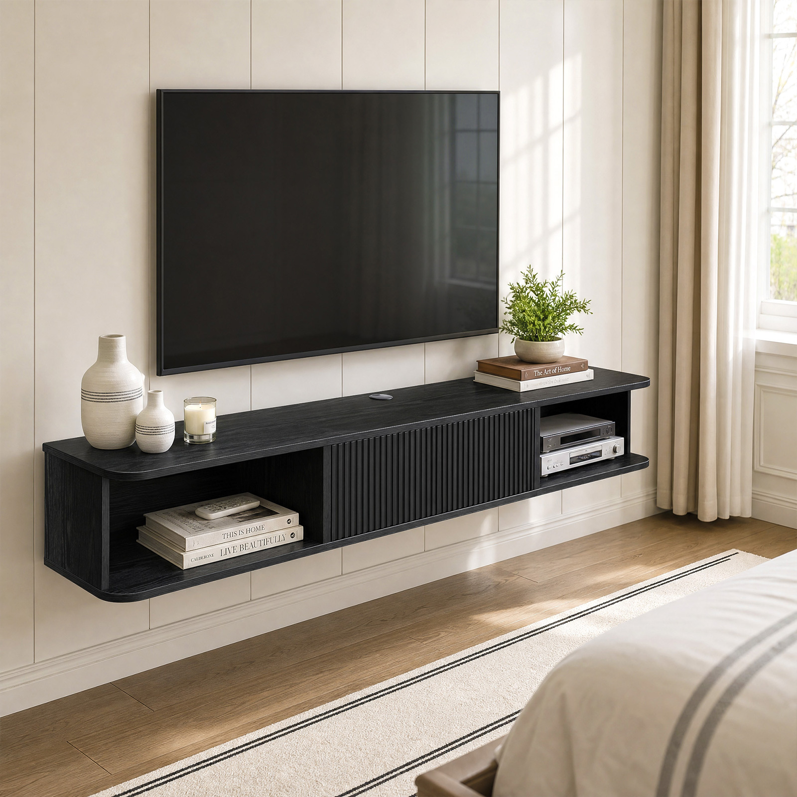 Anmytek 70 Inch Floating TV Stand, Wall Mounted Entertainment Center with Fluted Doors & Open Storage, Floating TV Console Media Cabinet with Cable Hole for Living Room Bedroom, Black