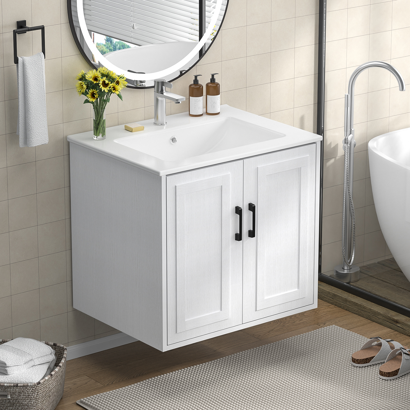 Anmytek 24 Inch Wall Mounted Bathroom Vanity with Ceramic Sink Combo, Modern Floating Bathroom Storage Cabinet with 2 Doors & Soft Close Hinges, Space Saving Small Bath Vanity Set, White