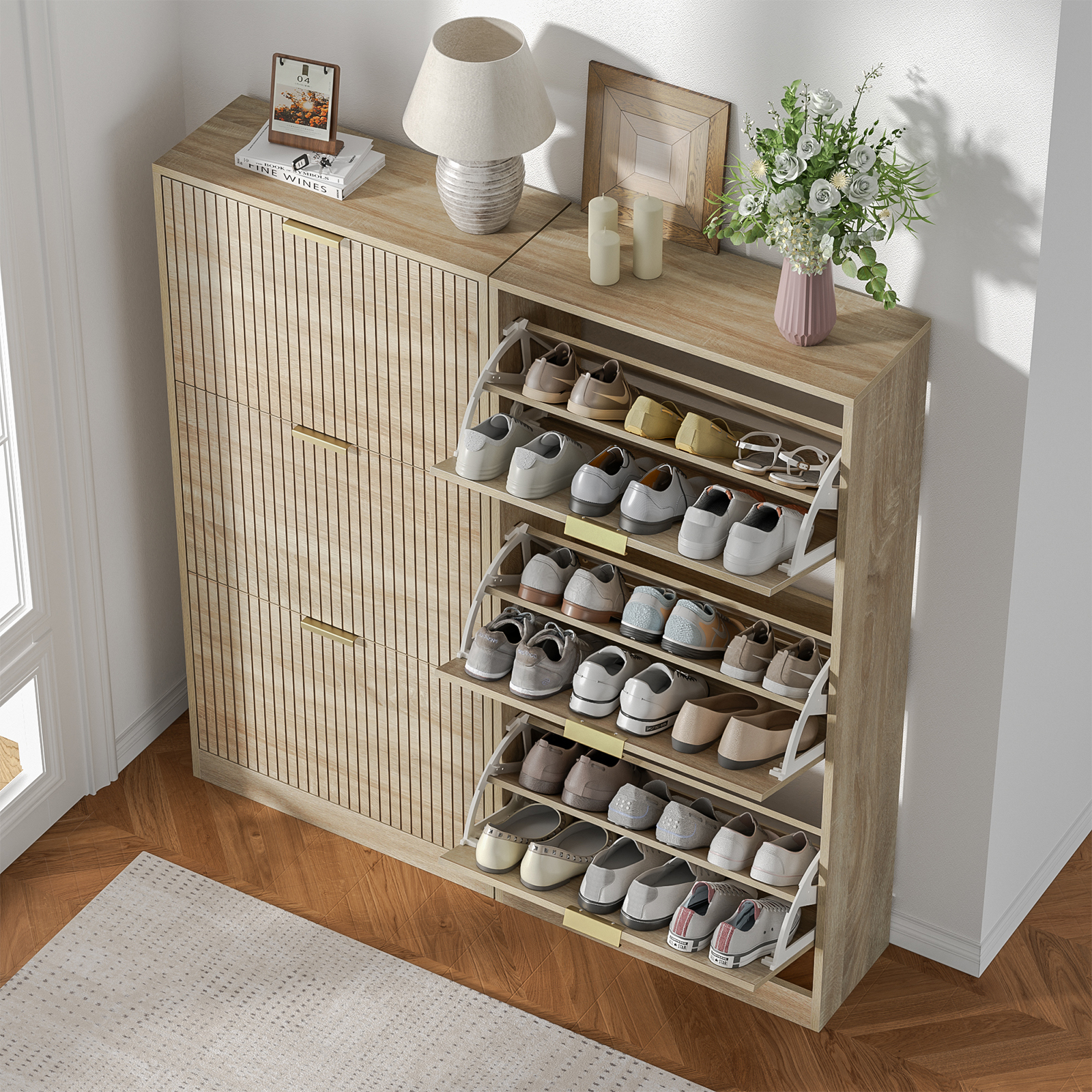Anmytek Modern Fluted Shoe Storage Cabinet, 48 Inch Tall Slim Flip Drawer Shoe Cabinet, 9.3" Deep Narrow Shoe Organizer with 3 Fold-Out Drawers & Gold Handles for Entryway Hallway, Natural Oak
