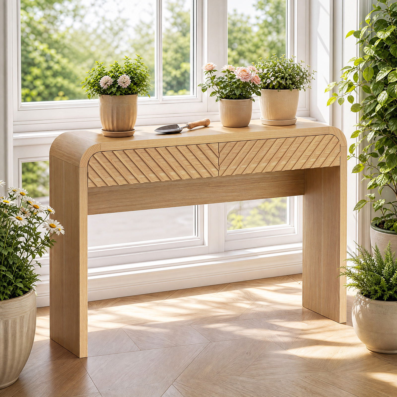 Anmytek 43 Inch Console Table with 2 Drawers, Modern Chevron Curved Entryway Table, Slim Sofa Side Table with Rounded Edges, Narrow Wooden Hallway Table Vanity Desk for Living Room, Natural Oak