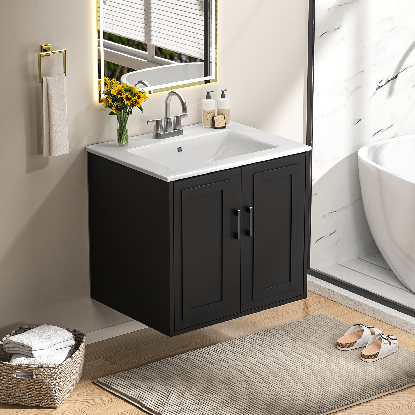 Anmytek 24 Inch Wall Mounted Bathroom Vanity with Ceramic Sink Combo, Modern Floating Bathroom Storage Cabinet with 2 Doors & Soft Close Hinges, Space Saving Small Bath Vanity Set, Black