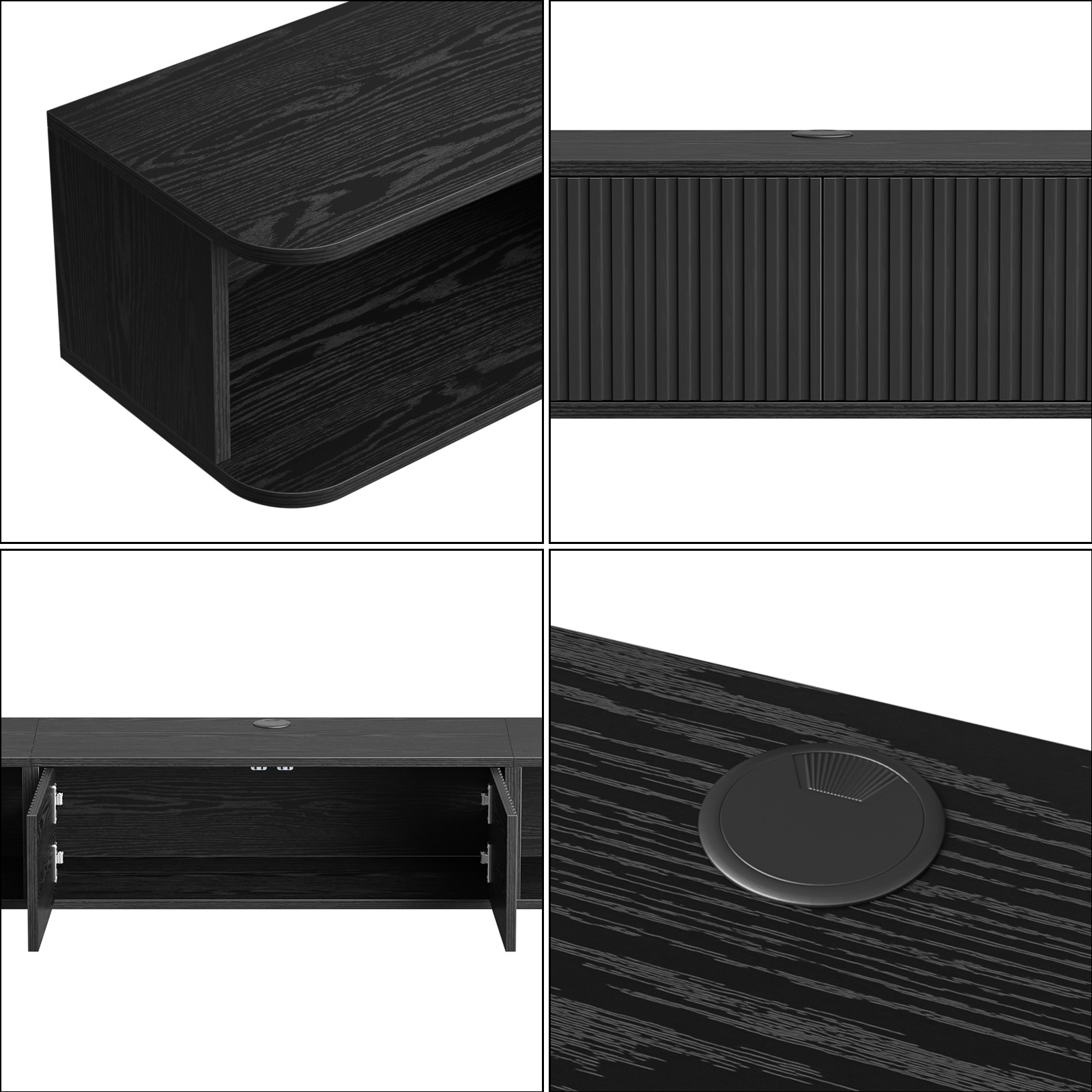 Anmytek 70 Inch Floating TV Stand, Wall Mounted Entertainment Center with Fluted Doors & Open Storage, Floating TV Console Media Cabinet with Cable Hole for Living Room Bedroom, Black