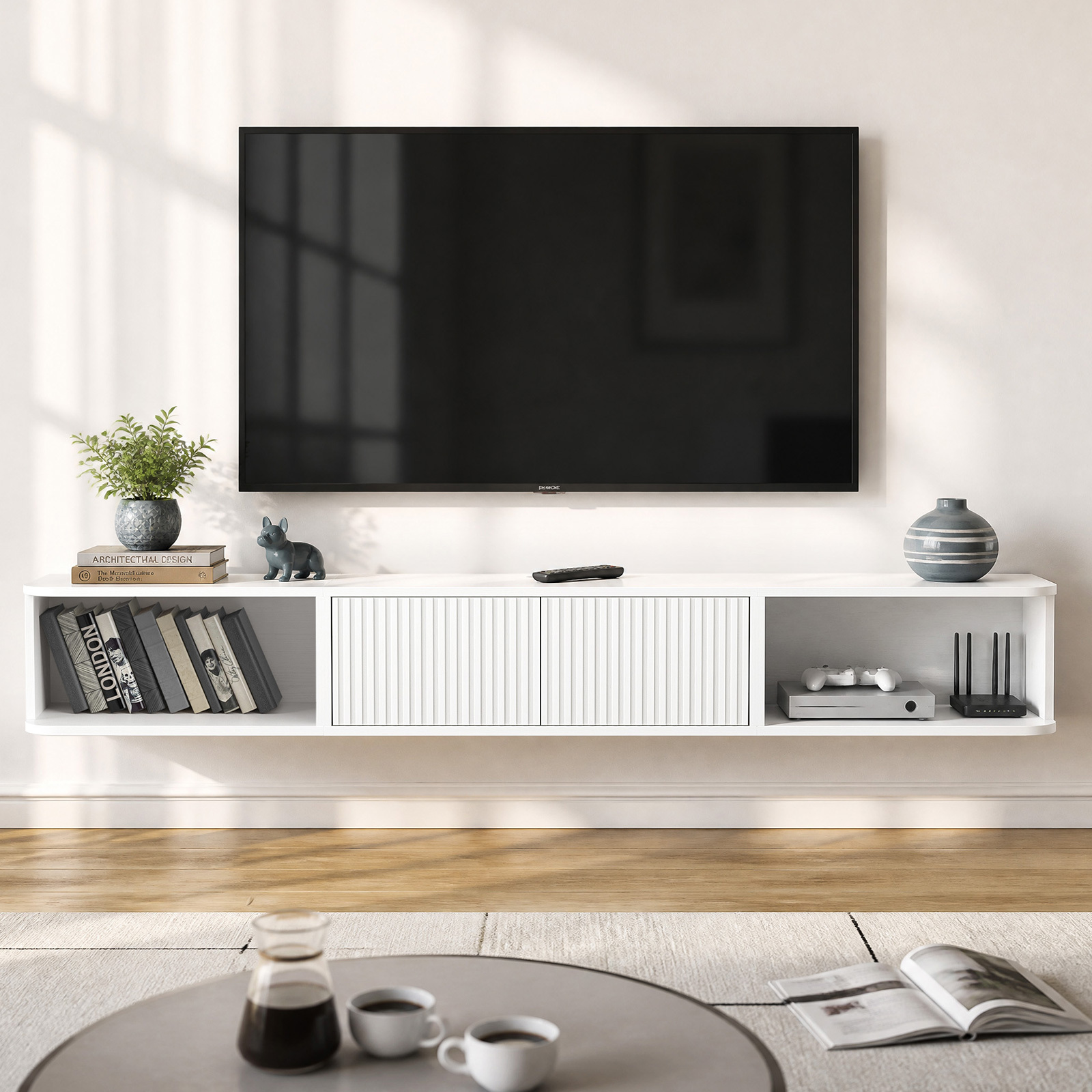 Anmytek 70 Inch White Floating TV Stand, Wall Mounted Entertainment Center with Fluted Doors & Open Storage, Floating TV Console Media Cabinet with Cable Management for Living Room Bedroom, White