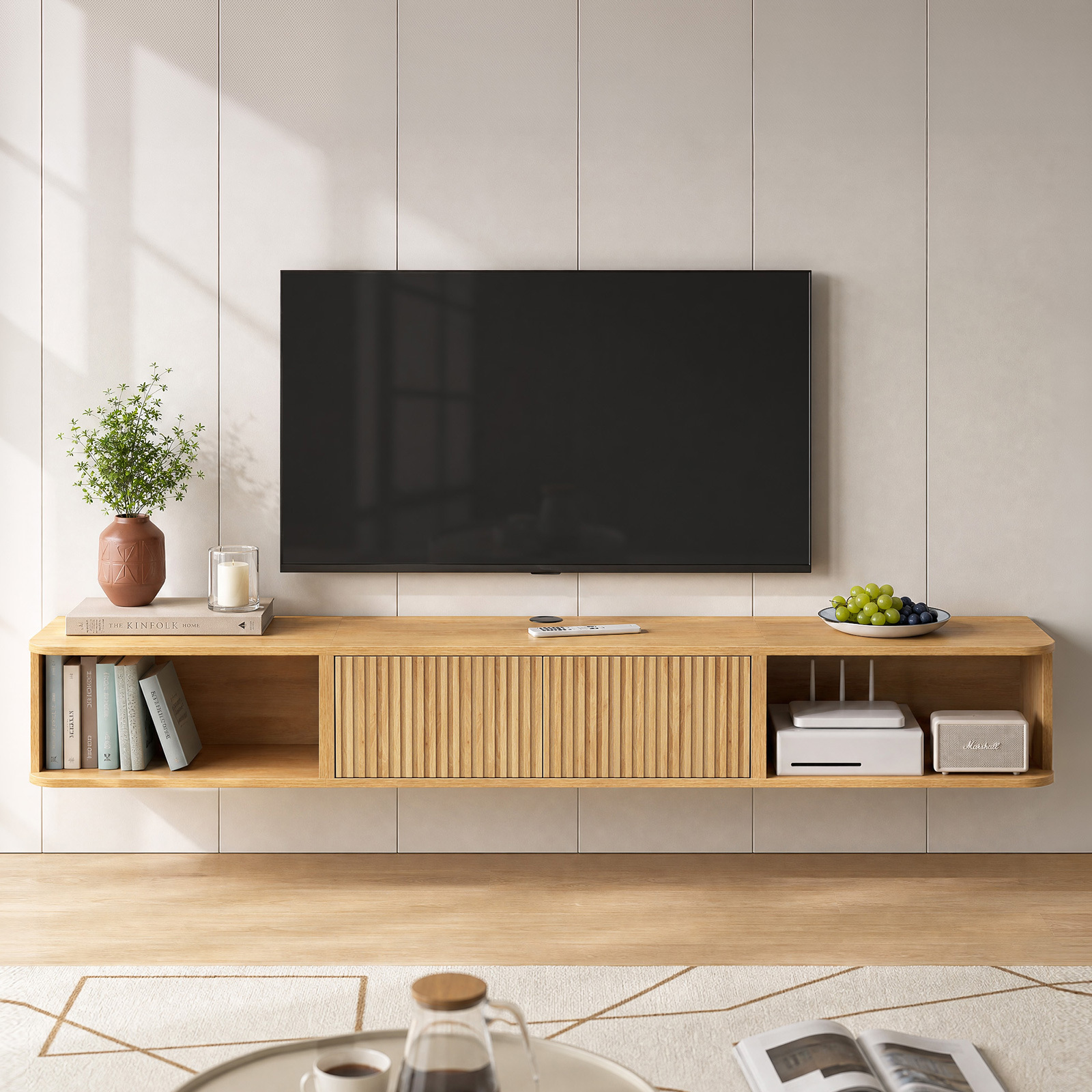 Anmytek 70 Inch Floating TV Stand, Wall Mounted Entertainment Center with Fluted Doors & Open Storage, Modern Floating TV Console Media Cabinet with Cable Management for Living Room Bedroom, Natural Oak