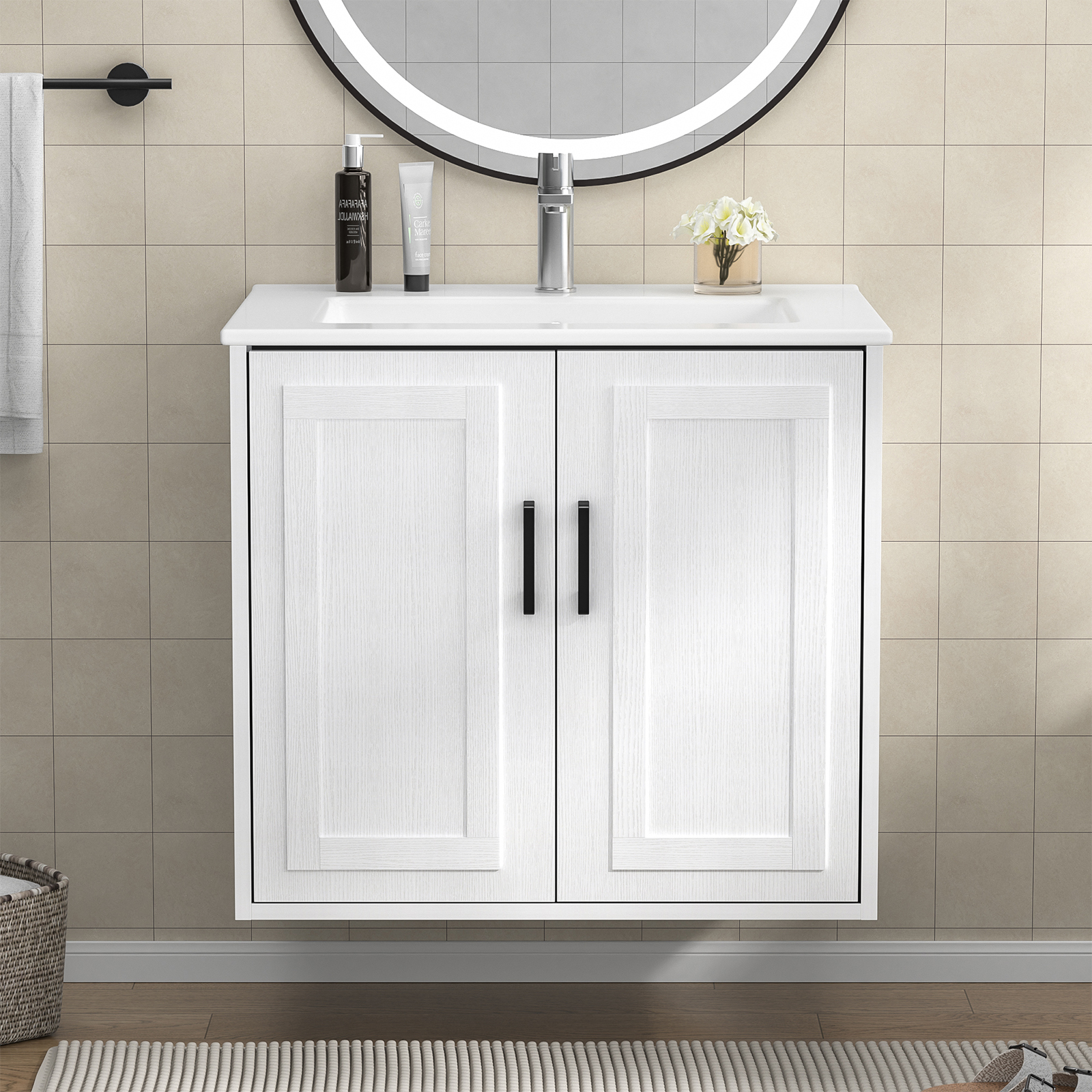 Anmytek 24 Inch Wall Mounted Bathroom Vanity with Ceramic Sink Combo, Modern Floating Bathroom Storage Cabinet with 2 Doors & Soft Close Hinges, Space Saving Small Bath Vanity Set, White