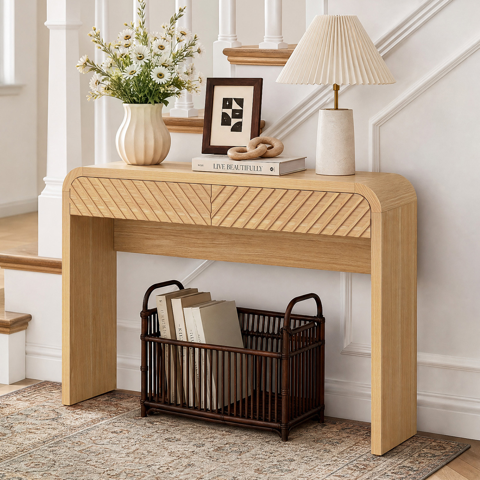 Anmytek 43 Inch Console Table with 2 Drawers, Modern Chevron Curved Entryway Table, Slim Sofa Side Table with Rounded Edges, Narrow Wooden Hallway Table Vanity Desk for Living Room, Natural Oak