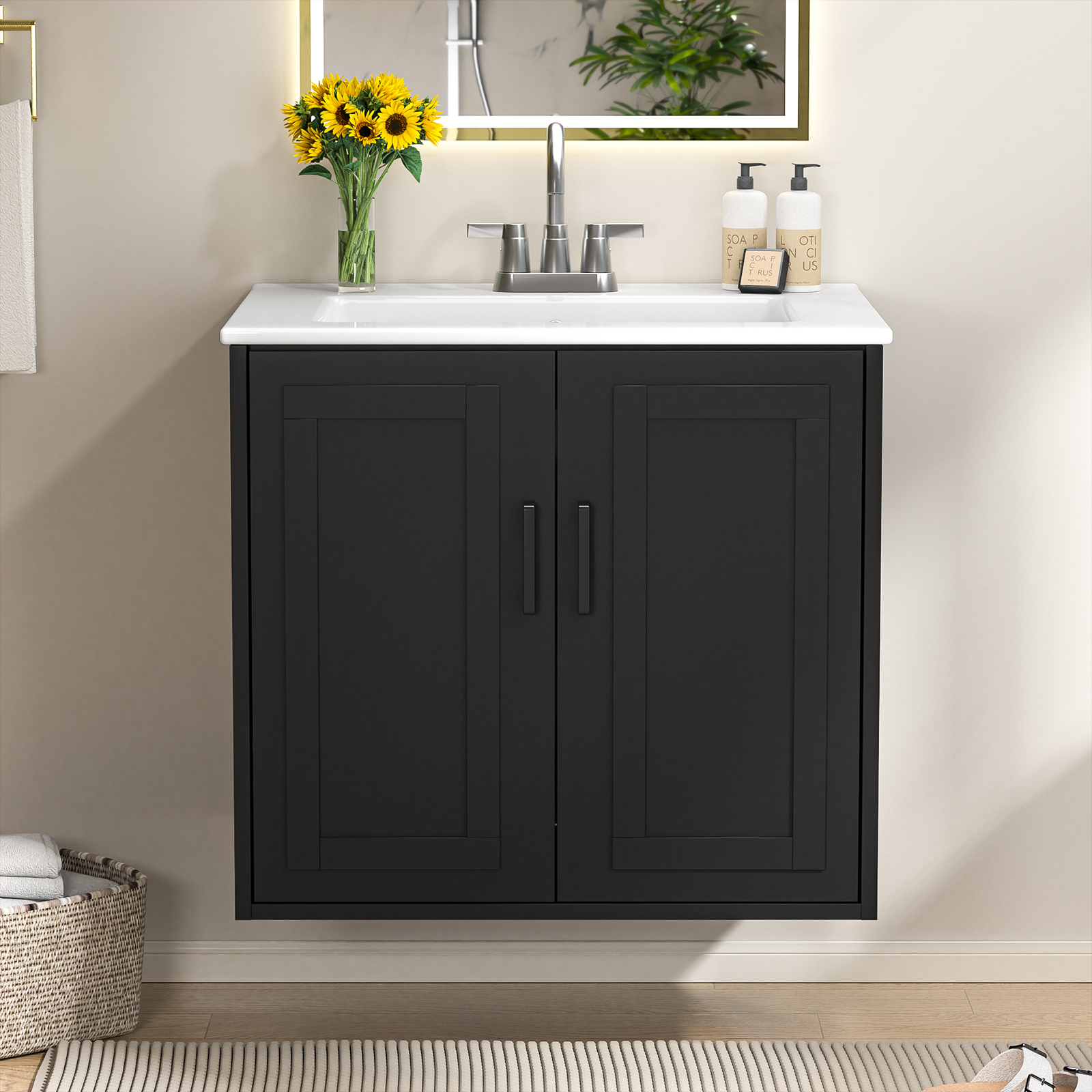 Anmytek 24 Inch Wall Mounted Bathroom Vanity with Ceramic Sink Combo, Modern Floating Bathroom Storage Cabinet with 2 Doors & Soft Close Hinges, Space Saving Small Bath Vanity Set, Black