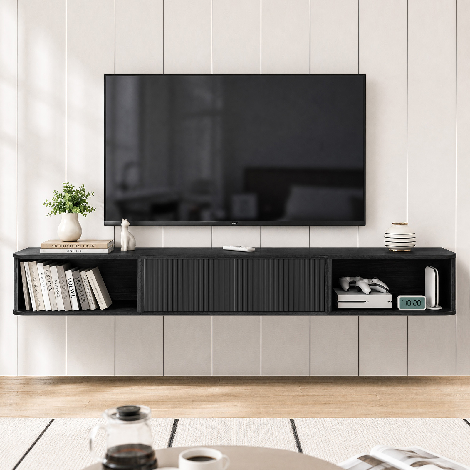 Anmytek 70 Inch Floating TV Stand, Wall Mounted Entertainment Center with Fluted Doors & Open Storage, Floating TV Console Media Cabinet with Cable Hole for Living Room Bedroom, Black