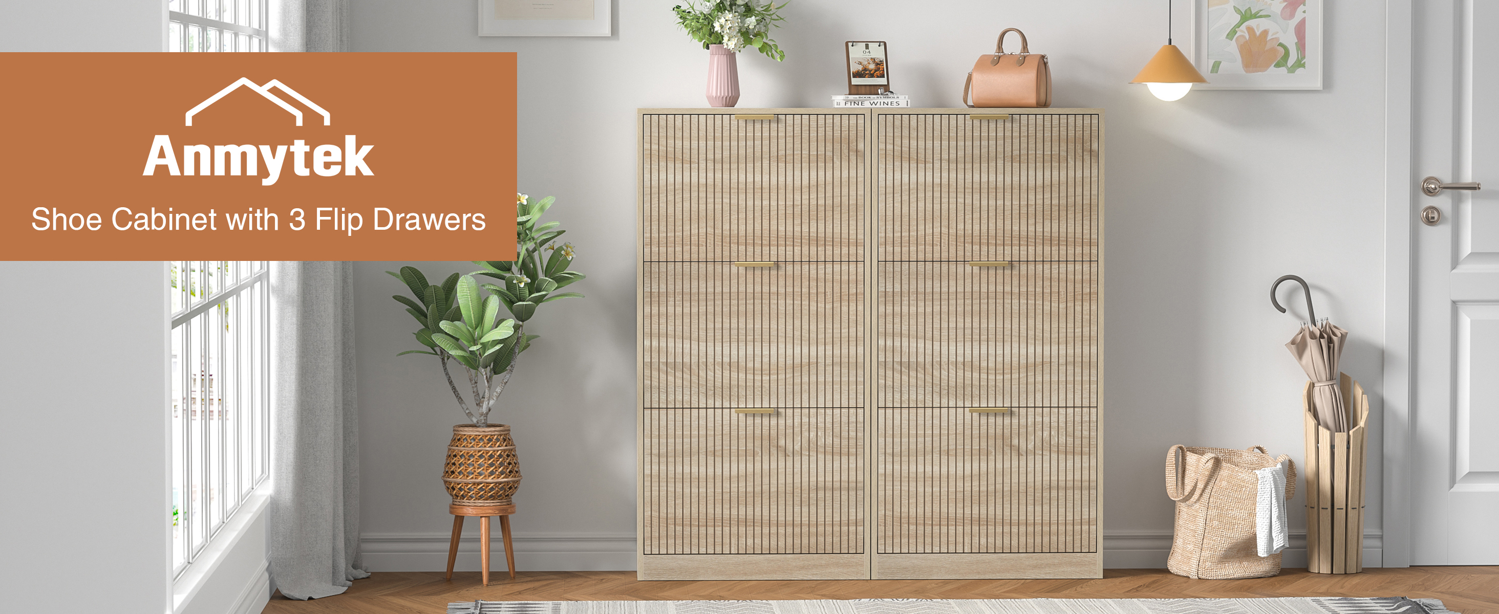 Anmytek Modern Fluted Shoe Storage Cabinet, 48 Inch Tall Slim Flip Drawer Shoe Cabinet, 9.3" Deep Narrow Shoe Organizer with 3 Fold-Out Drawers & Gold Handles for Entryway Hallway, Natural Oak
