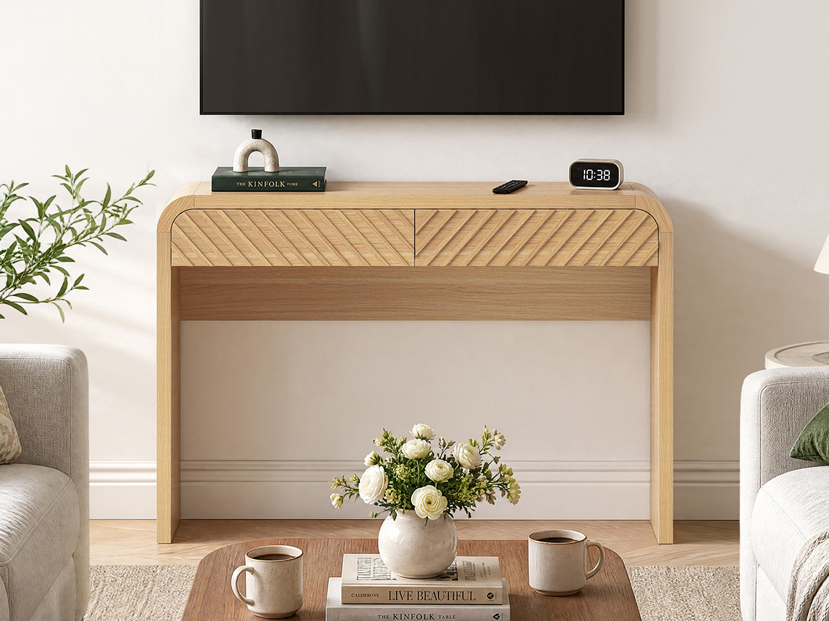 Anmytek 43 Inch Console Table with 2 Drawers, Modern Chevron Curved Entryway Table, Slim Sofa Side Table with Rounded Edges, Narrow Wooden Hallway Table Vanity Desk for Living Room, Natural Oak
