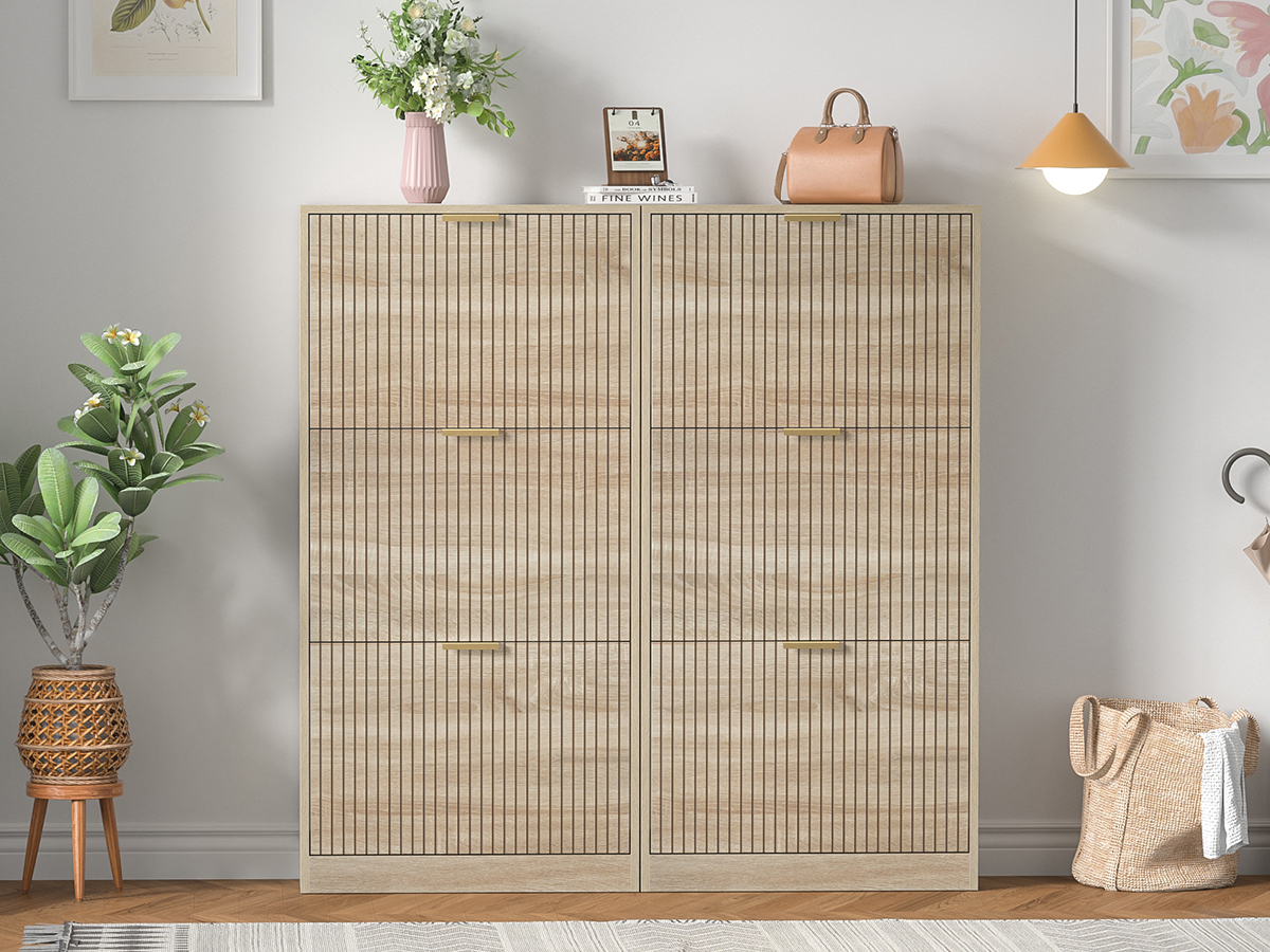 Anmytek Modern Fluted Shoe Storage Cabinet, 48 Inch Tall Slim Flip Drawer Shoe Cabinet, 9.3" Deep Narrow Shoe Organizer with 3 Fold-Out Drawers & Gold Handles for Entryway Hallway, Natural Oak