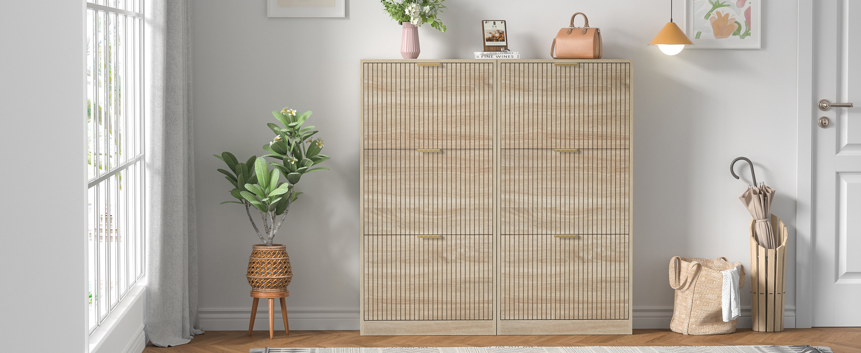 Anmytek Modern Fluted Shoe Storage Cabinet, 48 Inch Tall Slim Flip Drawer Shoe Cabinet, 9.3" Deep Narrow Shoe Organizer with 3 Fold-Out Drawers & Gold Handles for Entryway Hallway, Natural Oak