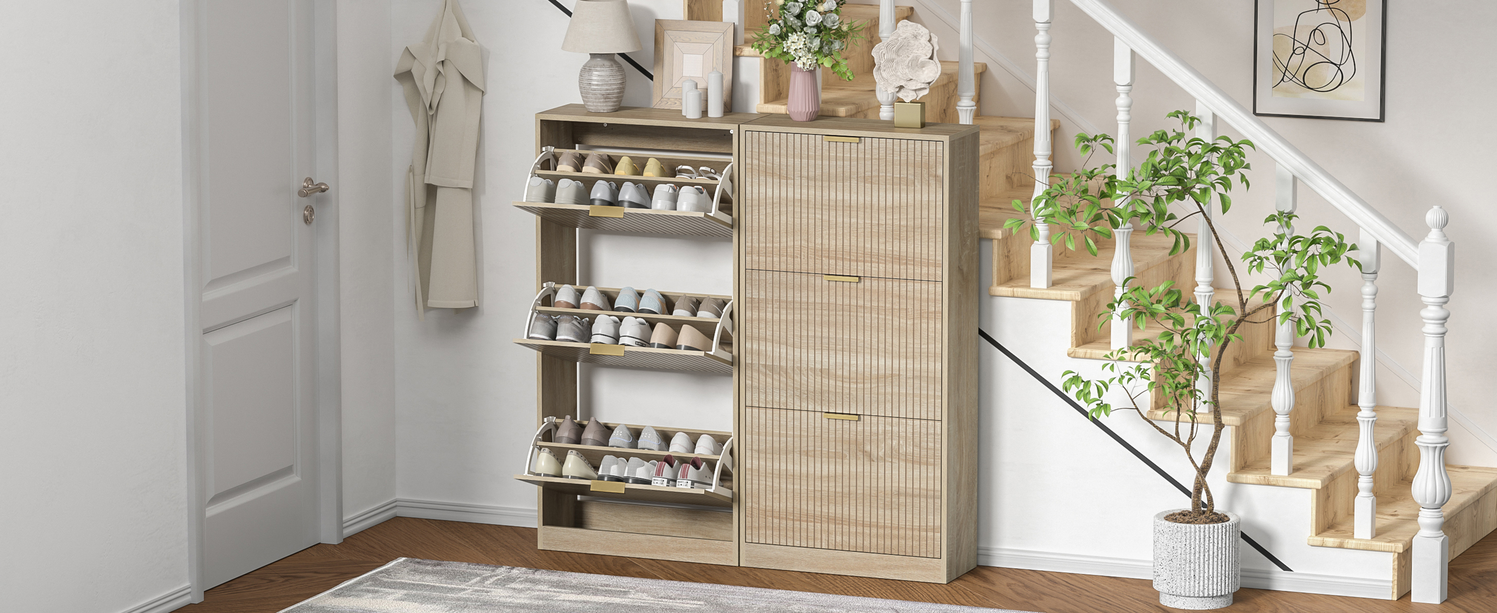 Anmytek Modern Fluted Shoe Storage Cabinet, 48 Inch Tall Slim Flip Drawer Shoe Cabinet, 9.3" Deep Narrow Shoe Organizer with 3 Fold-Out Drawers & Gold Handles for Entryway Hallway, Natural Oak