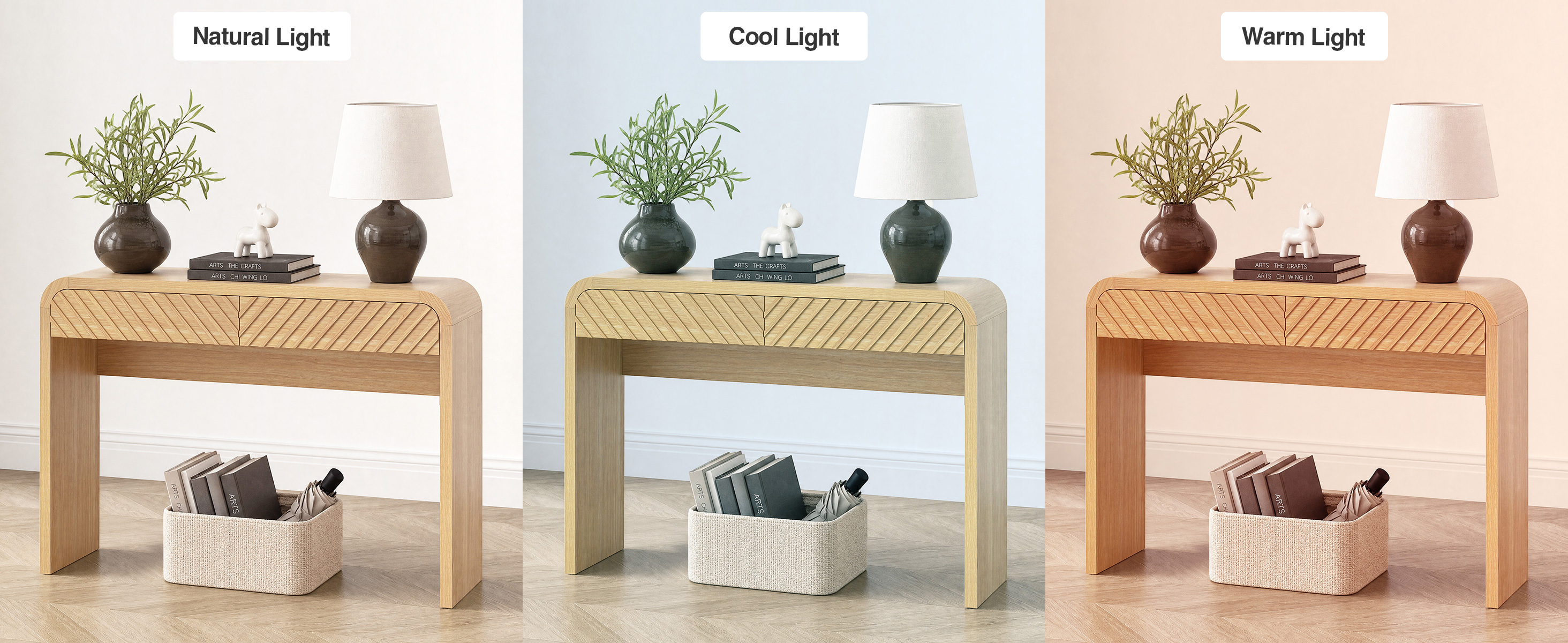 Anmytek 43 Inch Console Table with 2 Drawers, Modern Chevron Curved Entryway Table, Slim Sofa Side Table with Rounded Edges, Narrow Wooden Hallway Table Vanity Desk for Living Room, Natural Oak
