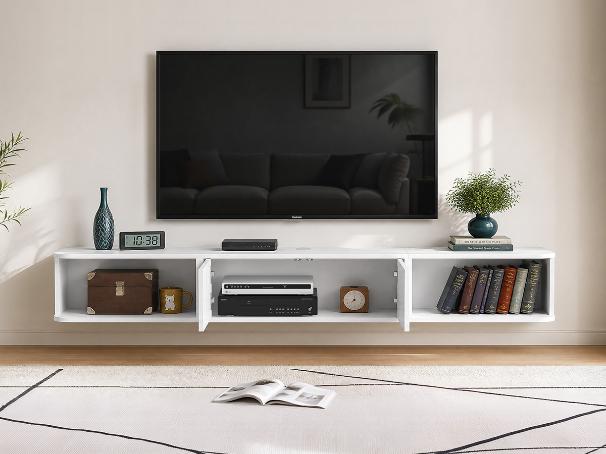 Anmytek 70 Inch White Floating TV Stand, Wall Mounted Entertainment Center with Fluted Doors & Open Storage, Floating TV Console Media Cabinet with Cable Management for Living Room Bedroom, White