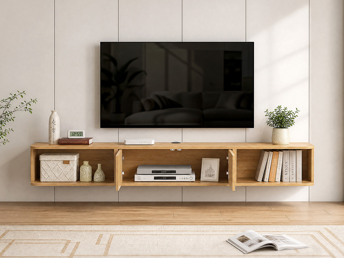 Anmytek 70 Inch Floating TV Stand, Wall Mounted Entertainment Center with Fluted Doors & Open Storage, Modern Floating TV Console Media Cabinet with Cable Management for Living Room Bedroom, Natural Oak