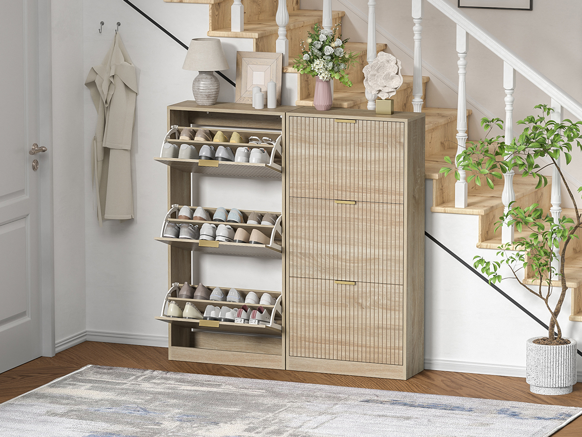 Anmytek Modern Fluted Shoe Storage Cabinet, 48 Inch Tall Slim Flip Drawer Shoe Cabinet, 9.3" Deep Narrow Shoe Organizer with 3 Fold-Out Drawers & Gold Handles for Entryway Hallway, Natural Oak
