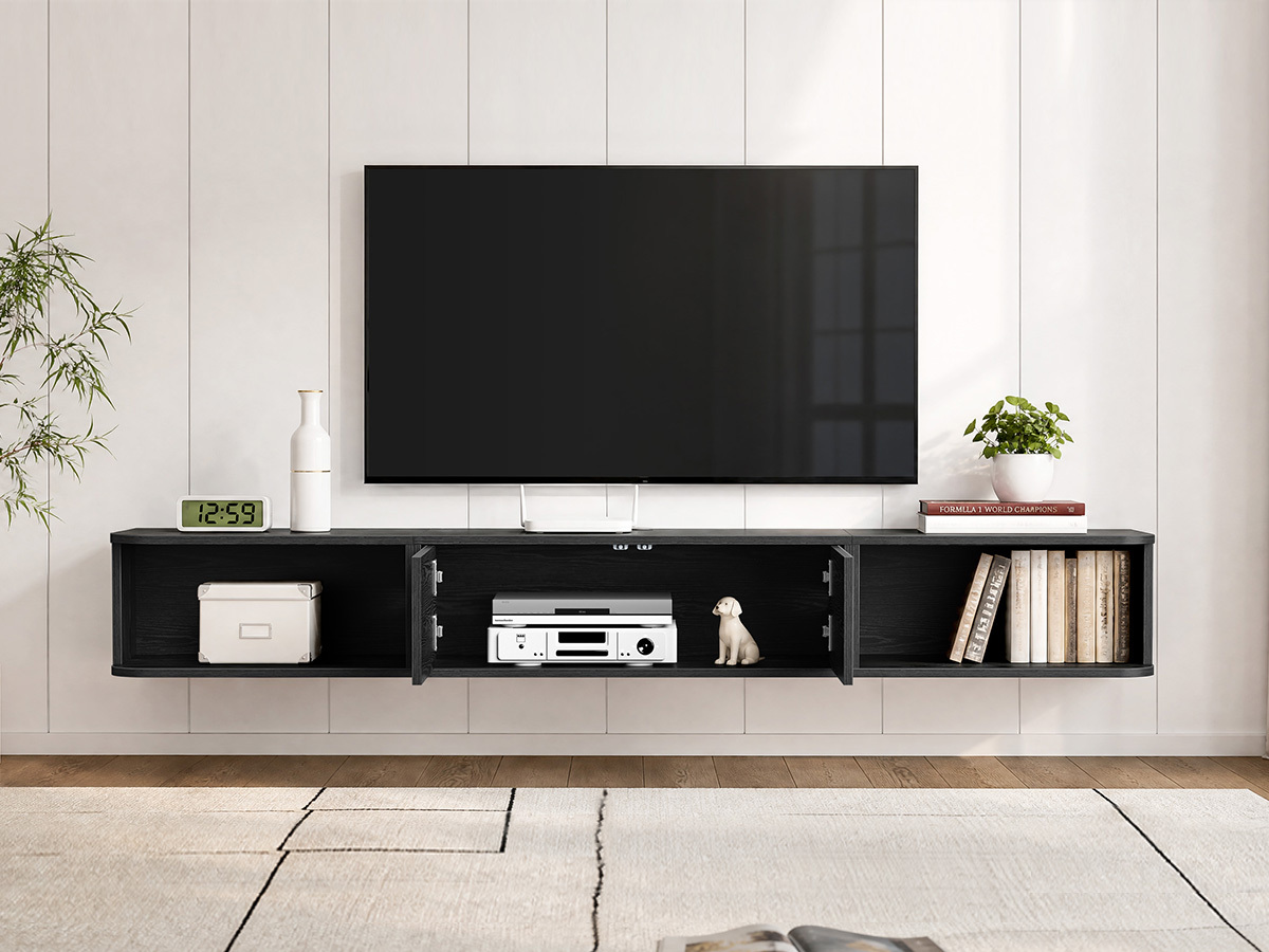 Anmytek 70 Inch Floating TV Stand, Wall Mounted Entertainment Center with Fluted Doors & Open Storage, Floating TV Console Media Cabinet with Cable Hole for Living Room Bedroom, Black