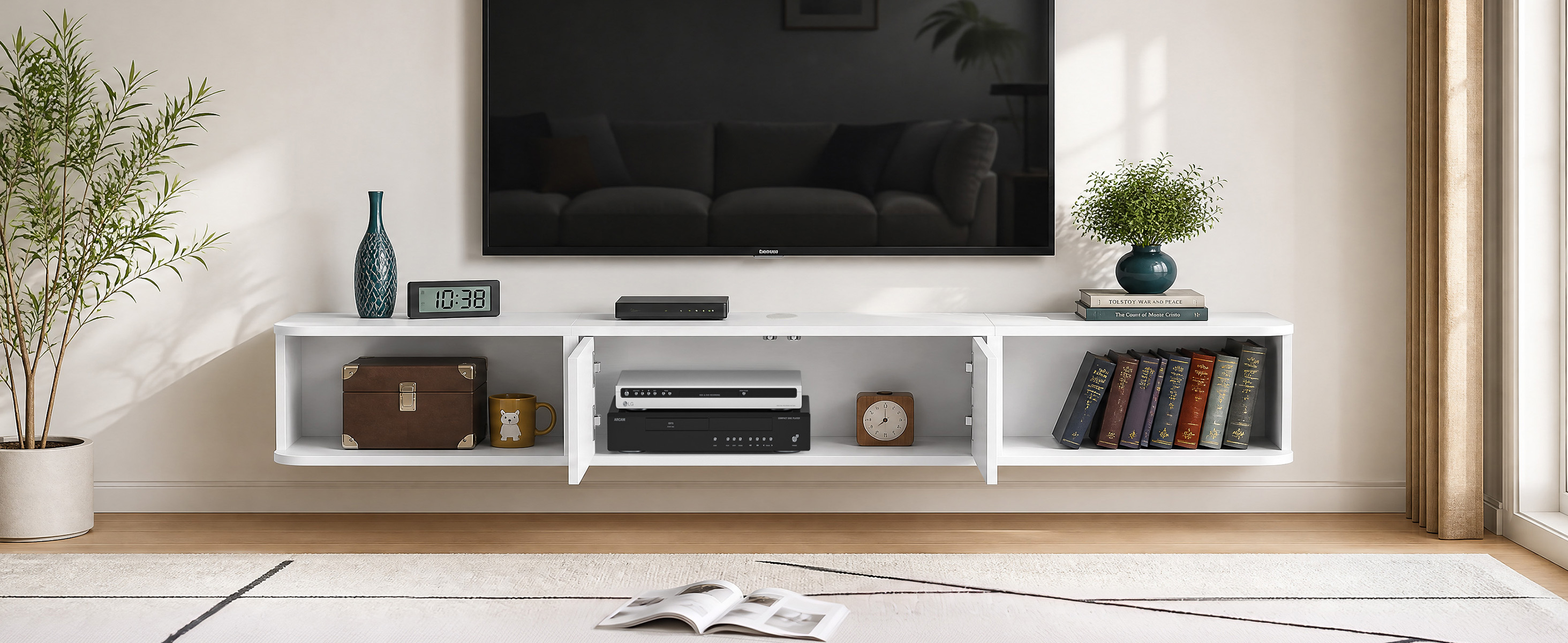Anmytek 70 Inch White Floating TV Stand, Wall Mounted Entertainment Center with Fluted Doors & Open Storage, Floating TV Console Media Cabinet with Cable Management for Living Room Bedroom, White